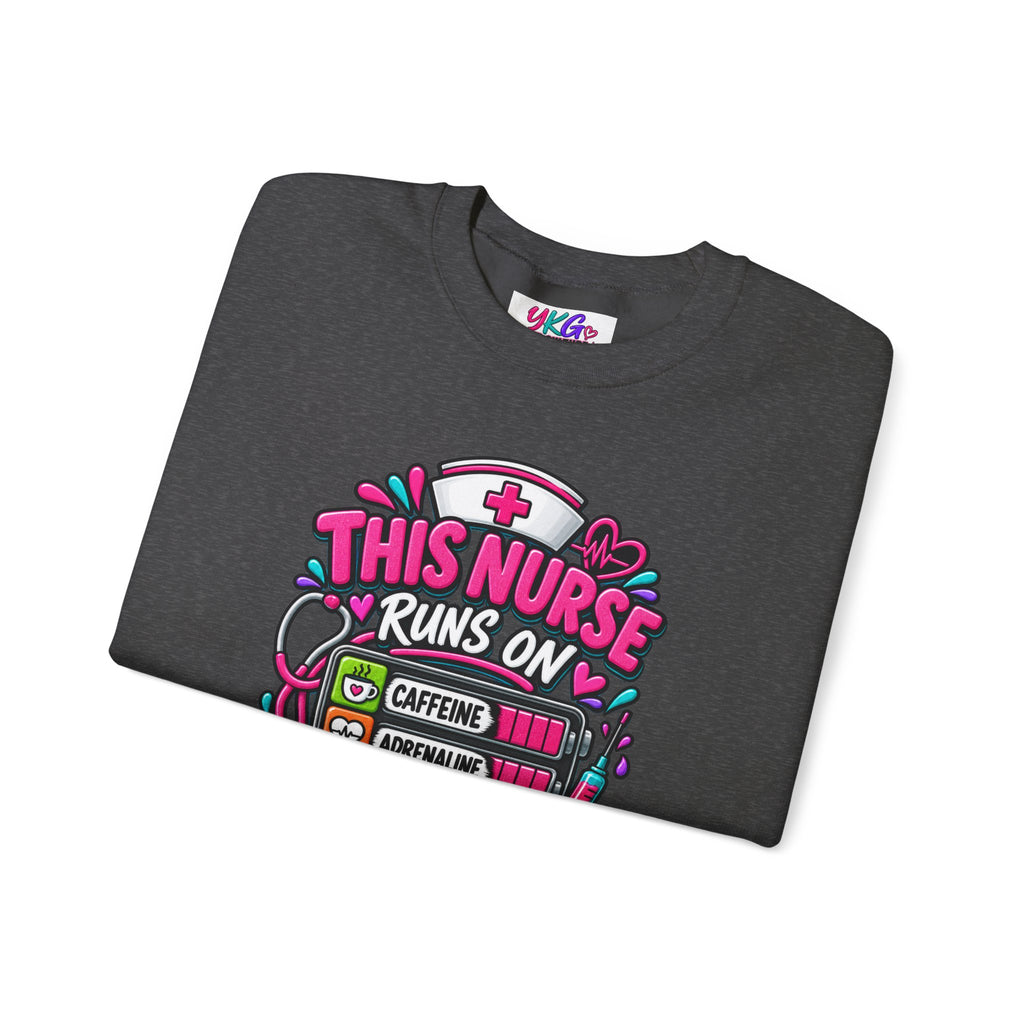 Nurse Crewneck Sweatshirt — "This Nurse Runs on Caffeine, Compassion & Cuss Words" Embroidered
