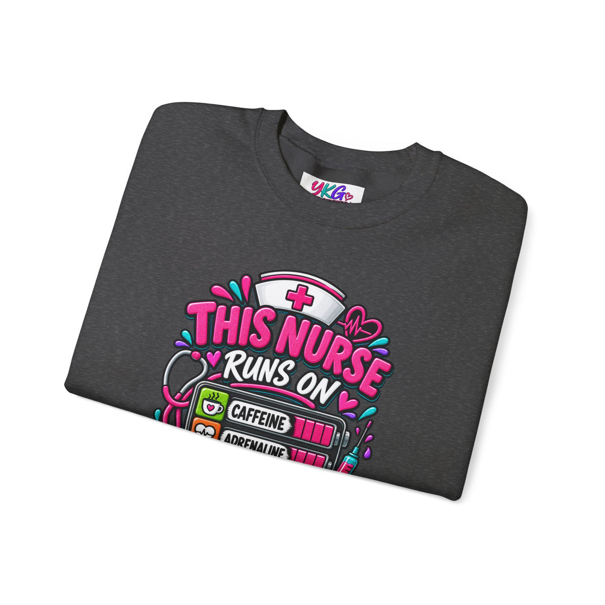 Nurse Crewneck Sweatshirt — "This Nurse Runs on Caffeine, Compassion & Cuss Words" Embroidered