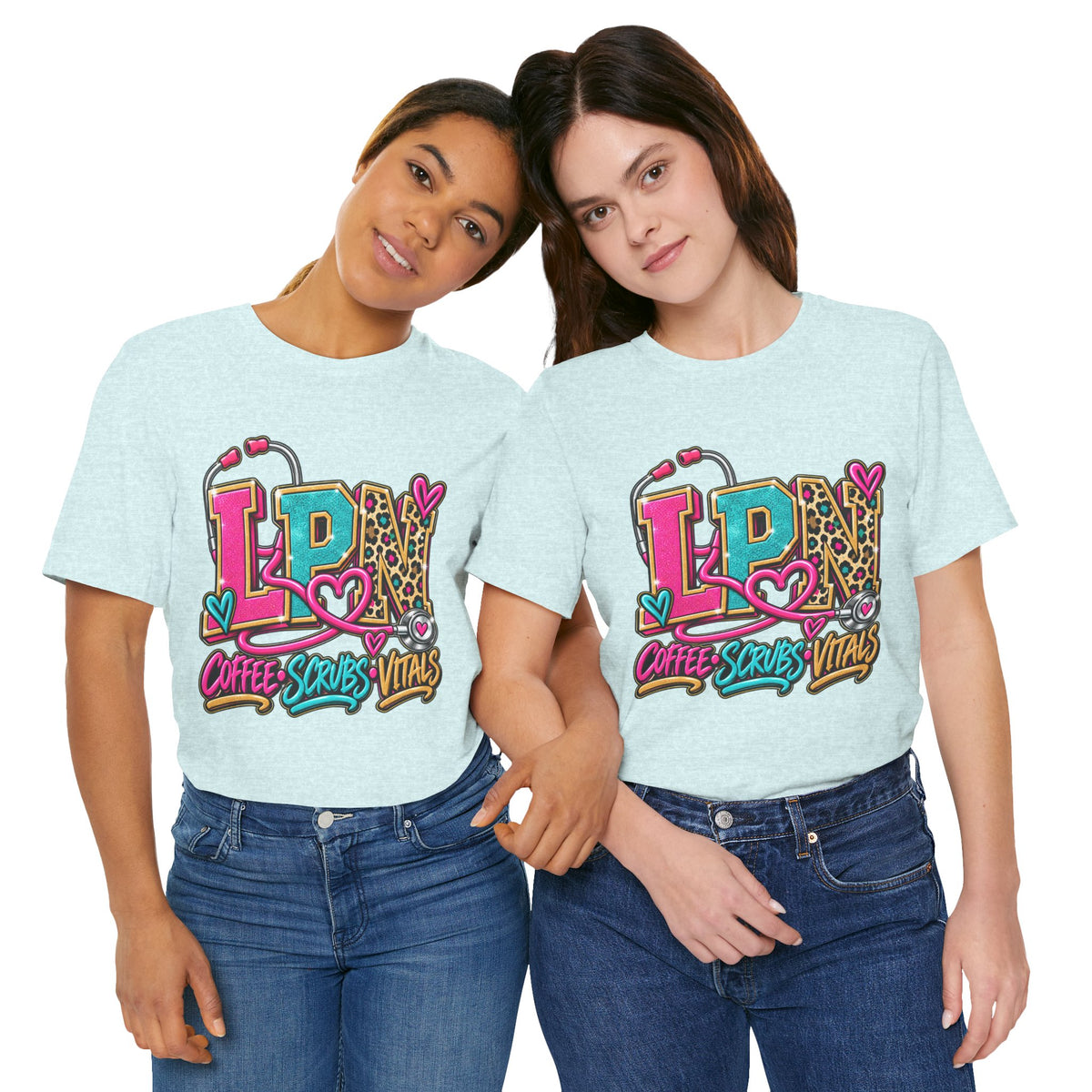 LPN Tee — “Coffee, Scrubs, Vitals” Colorful Stethoscope Design