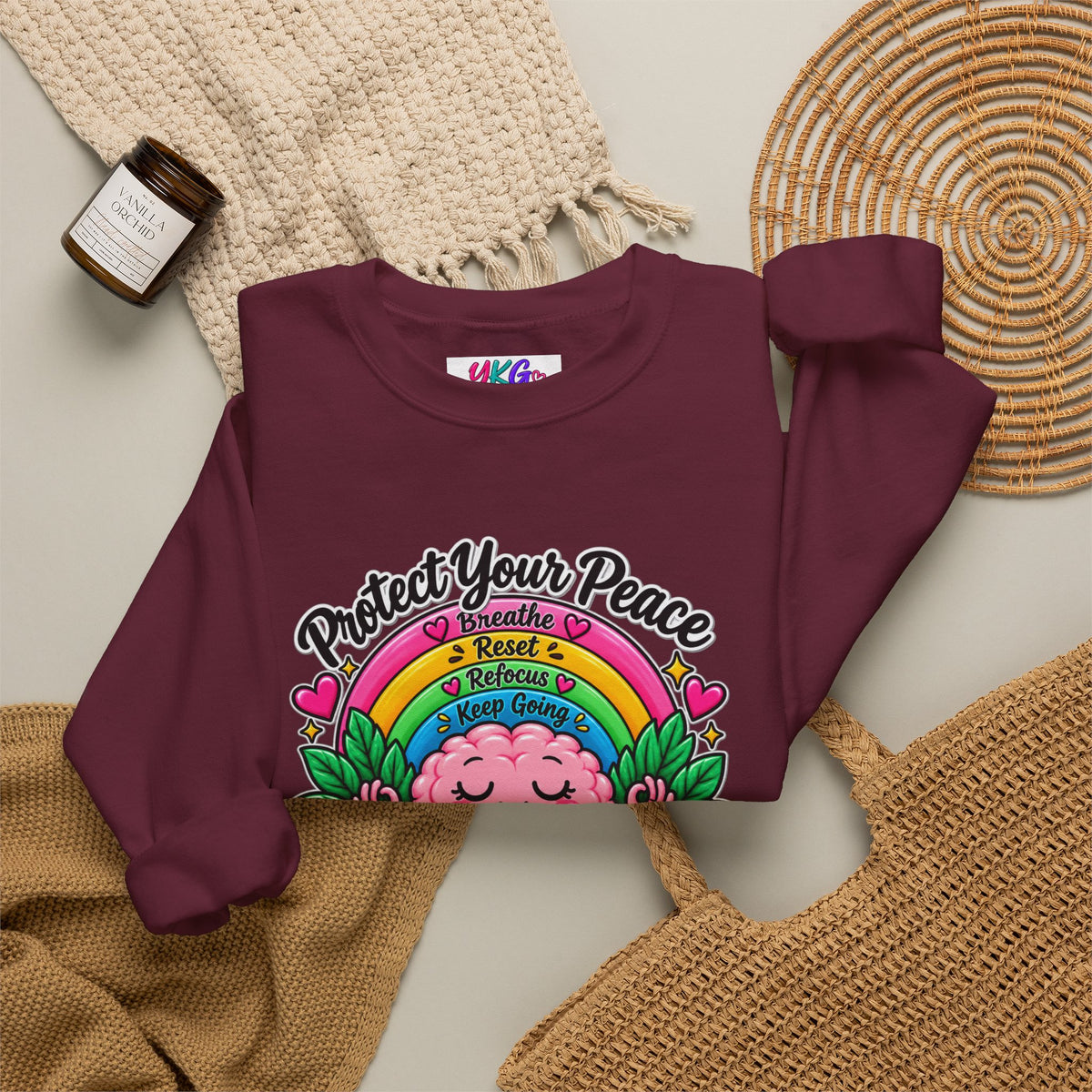 Protect Your Peace Crewneck Sweatshirt — Mental Health Matters Rainbow Brain