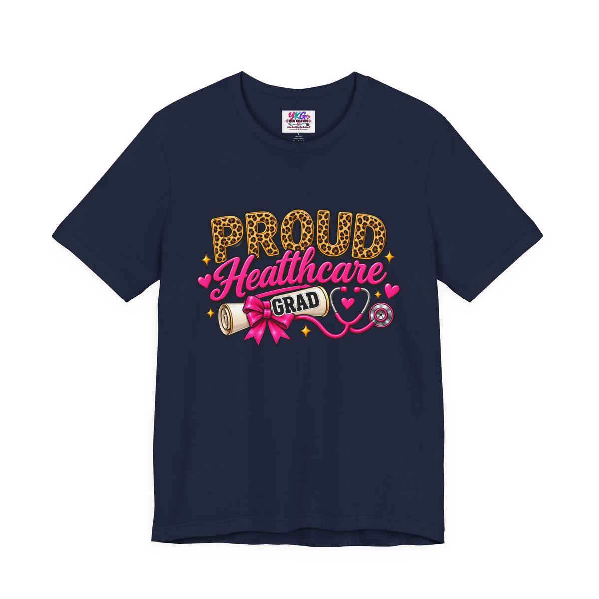 Proud Healthcare Grad T-Shirt — Leopard "PROUD" with Pink Stethoscope & Diploma