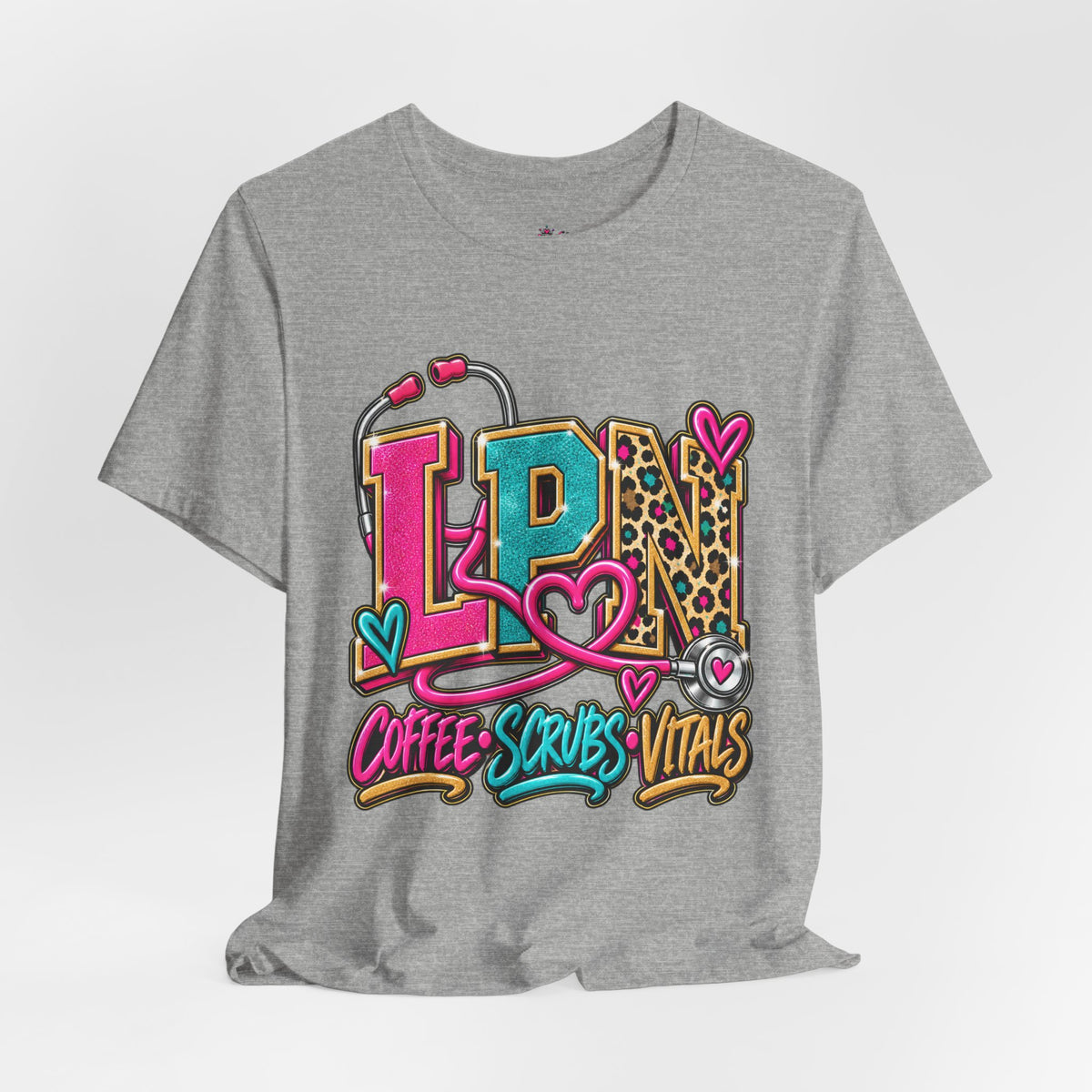 LPN Tee — “Coffee, Scrubs, Vitals” Colorful Stethoscope Design