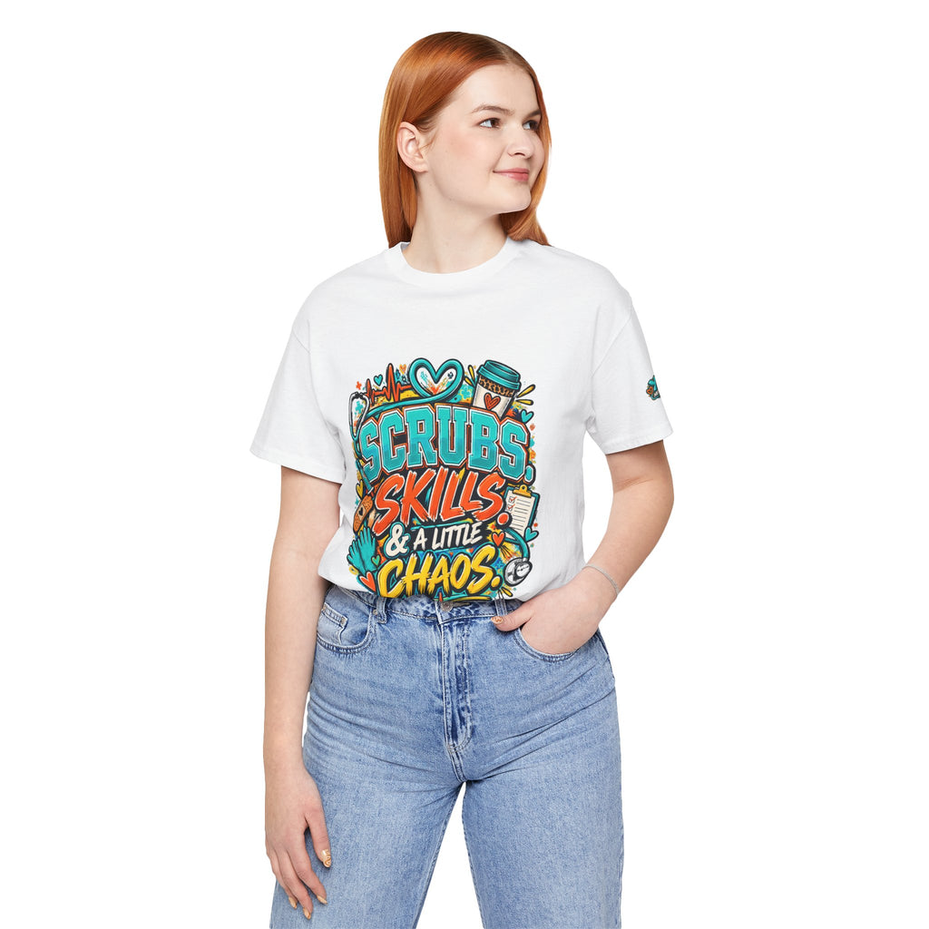 Healthcare Chaos T-Shirt — “Scrubs, Skills & A Little Chaos” Healthcare Worker Tee