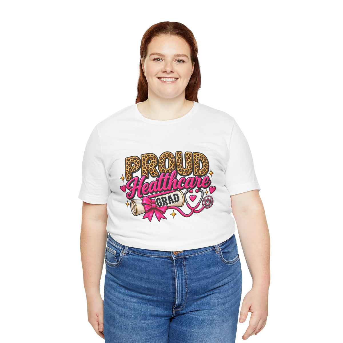 Proud Healthcare Grad T-Shirt — Leopard "PROUD" with Pink Stethoscope & Diploma
