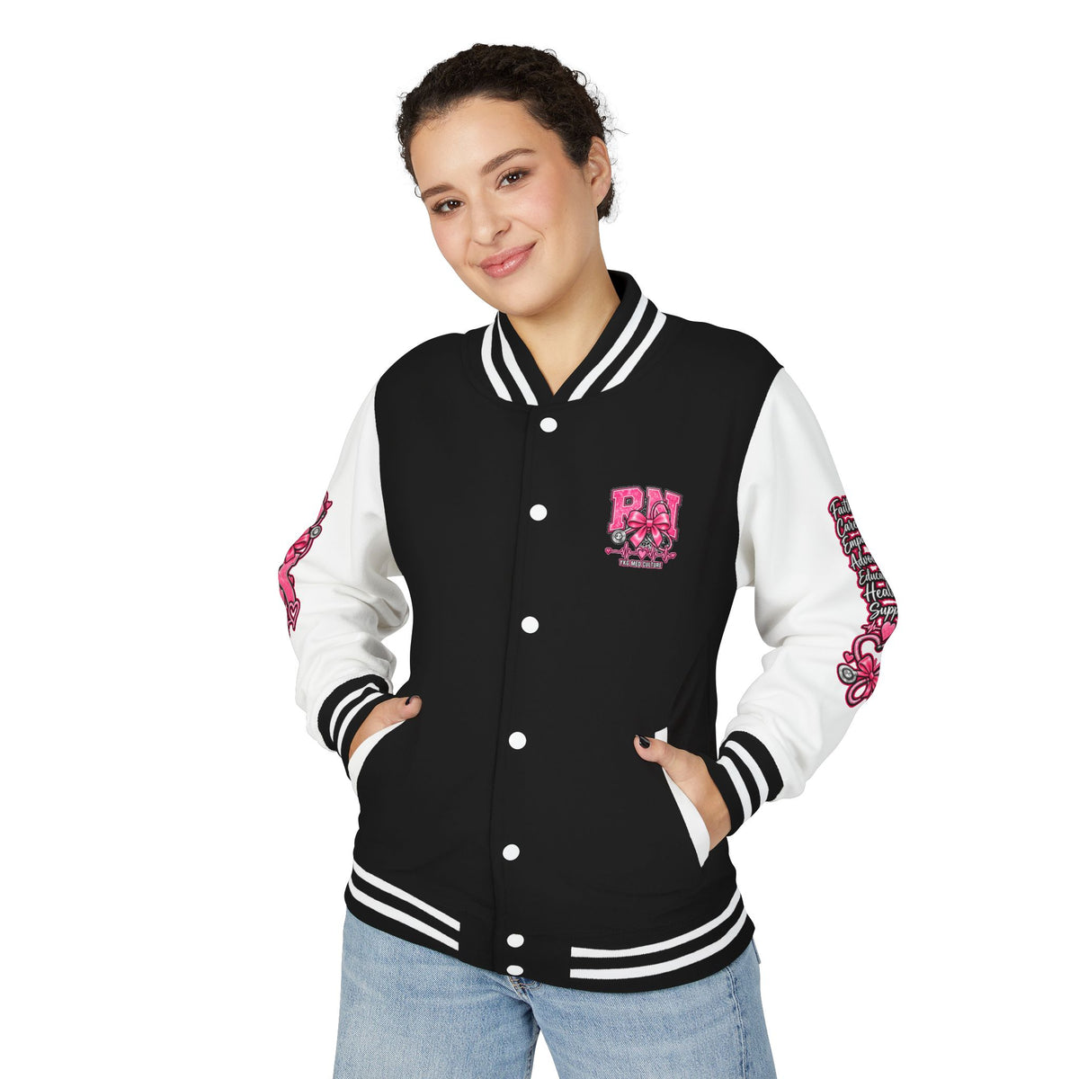 RN Registered Nurse Letterman Jacket — Pink Bow Varsity Jacket for Nurses