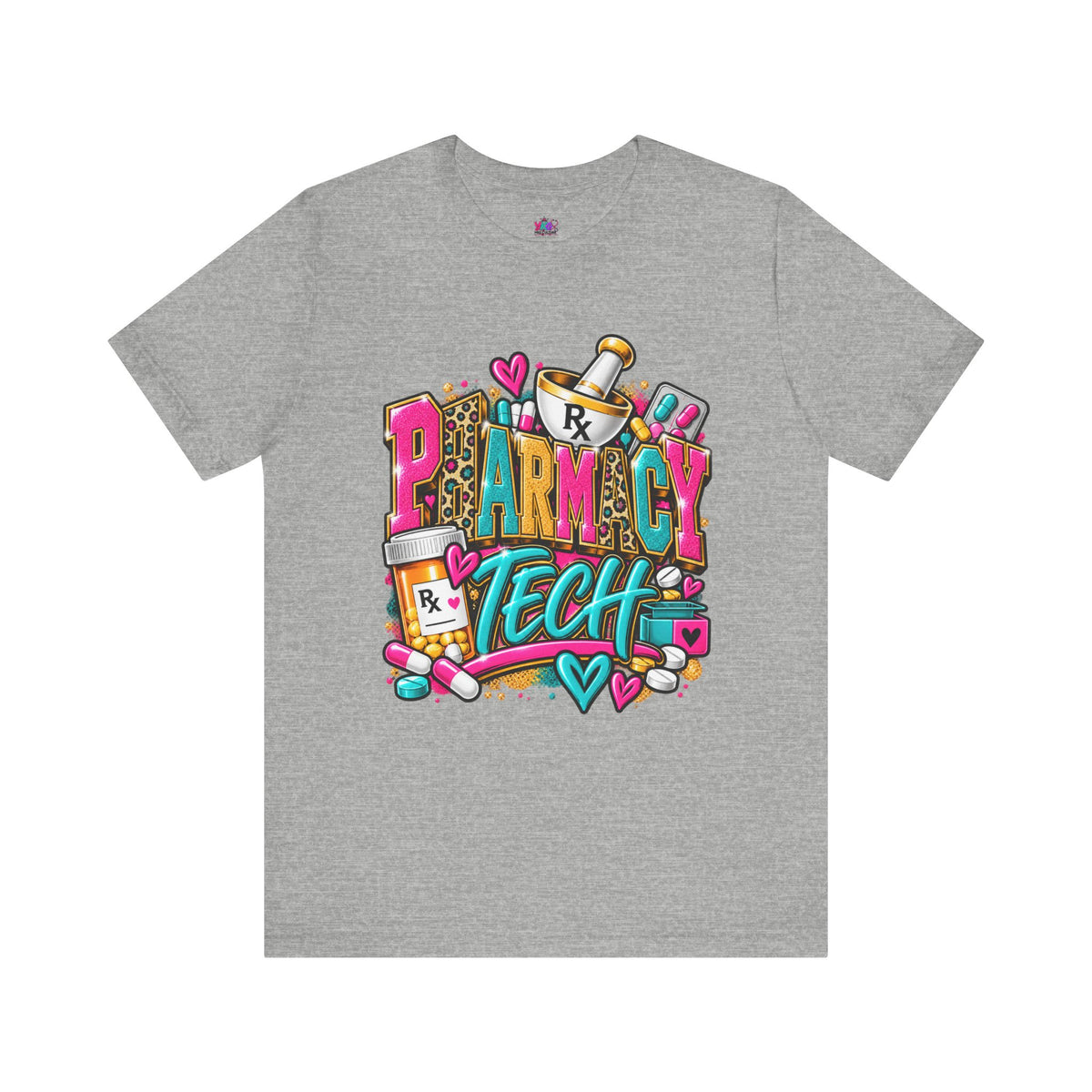 Pharmacy Tech T-Shirt – Colorful Heart & Pill Graphic Tee for Pharmacy Technicians