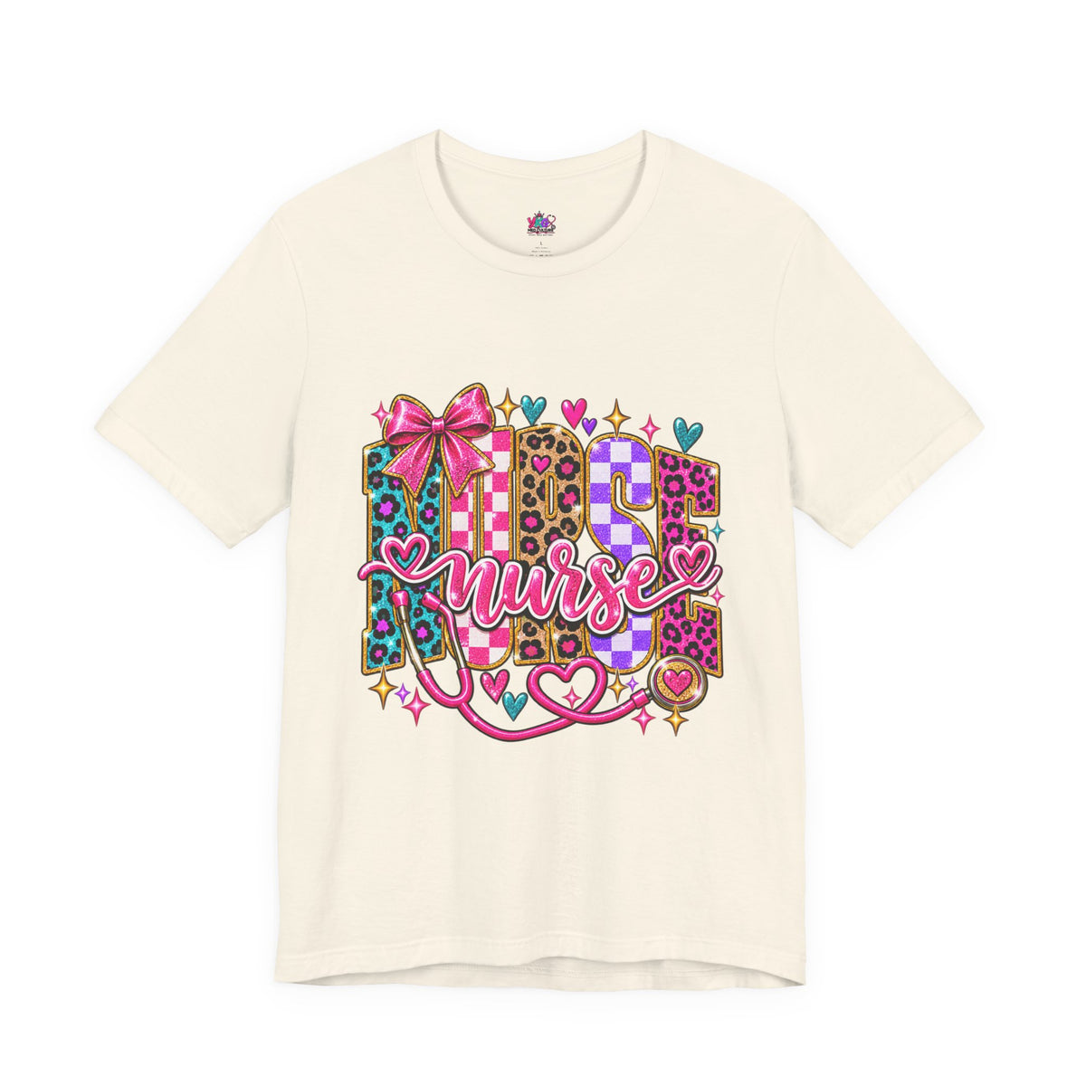 Nurse Graphic Tee — Colorful Leopard Scrub Letters with Hearts & Bow