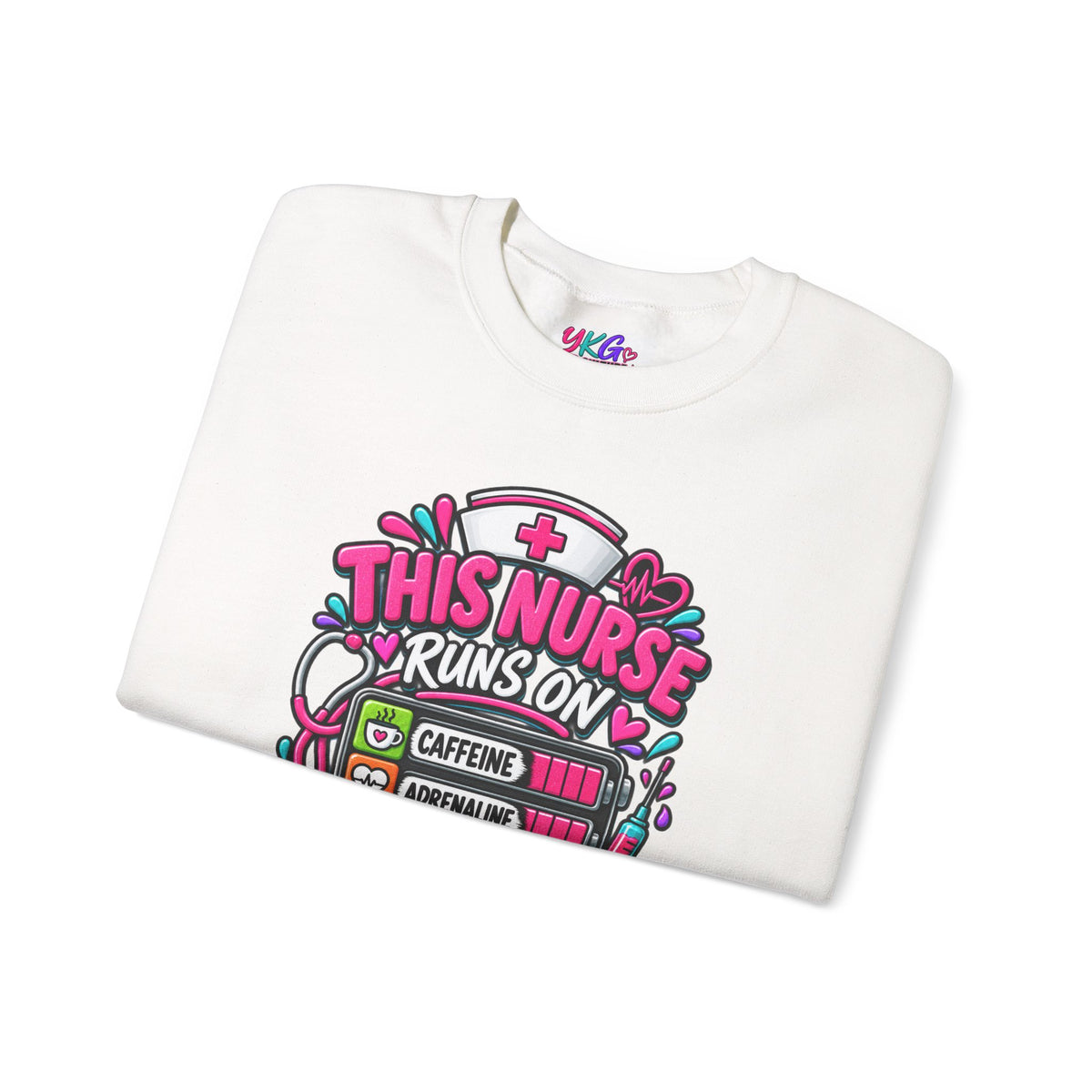 Nurse Crewneck Sweatshirt — "This Nurse Runs on Caffeine, Compassion & Cuss Words" Embroidered