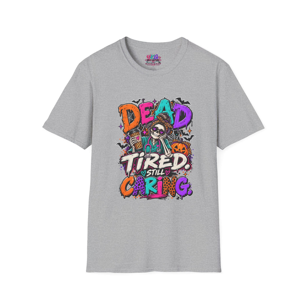 Dead Tired Still Caring Graphic T-Shirt — Funny Gothic Skull Tee
