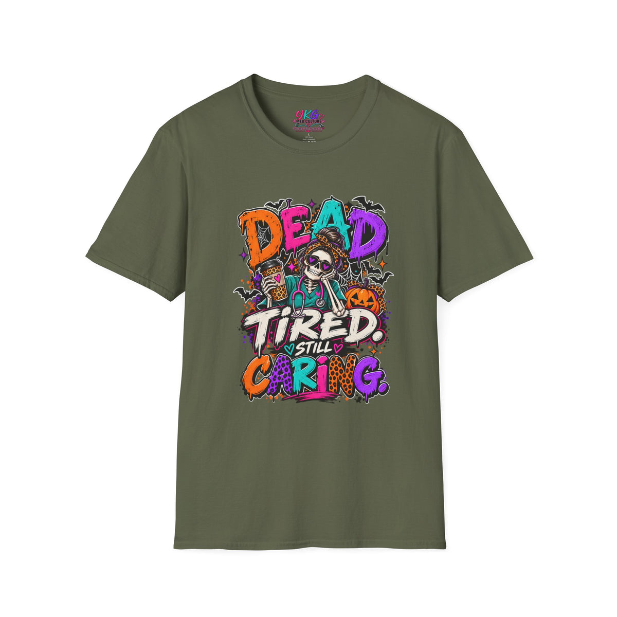 Dead Tired Still Caring Graphic T-Shirt — Funny Gothic Skull Tee