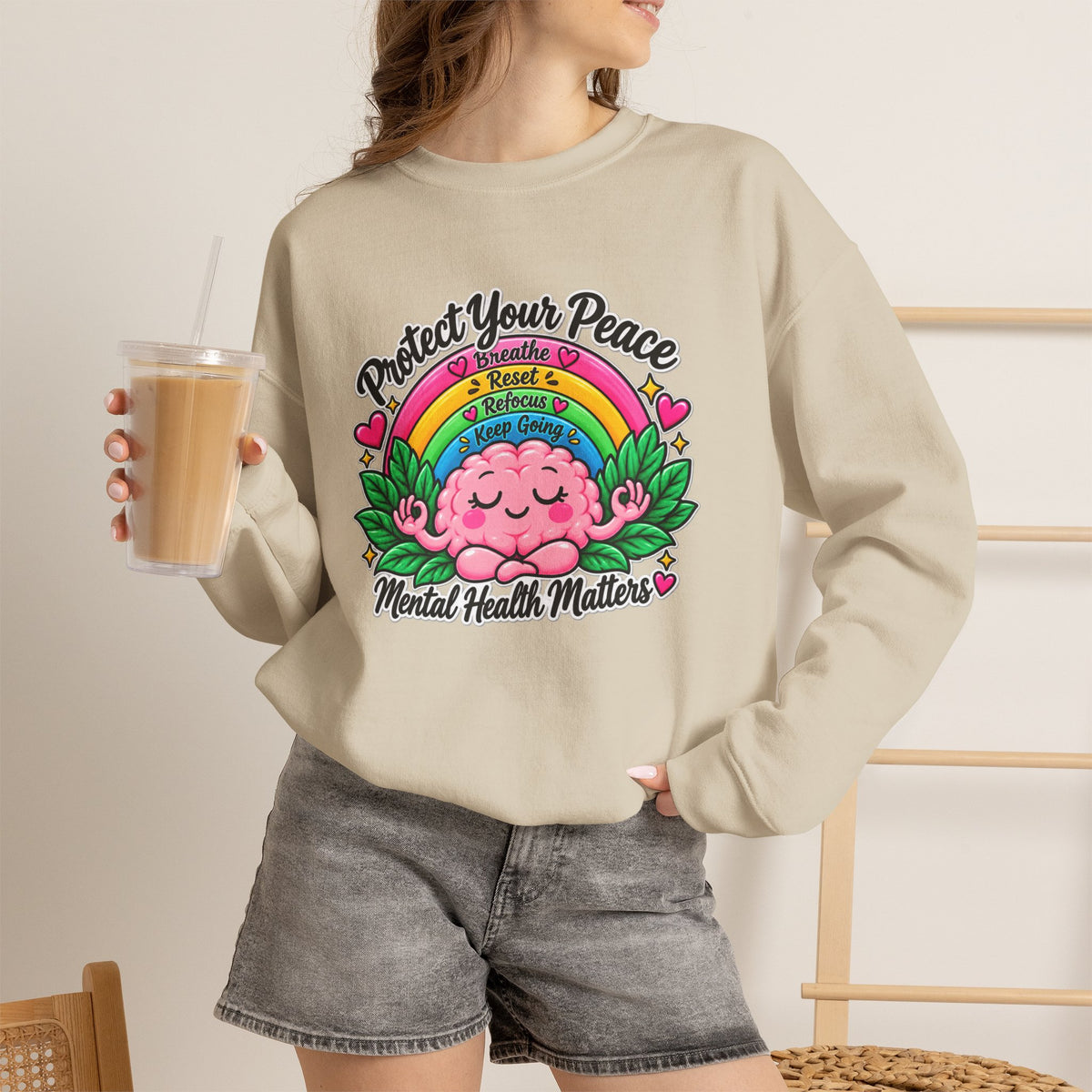 Protect Your Peace Crewneck Sweatshirt — Mental Health Matters Rainbow Brain