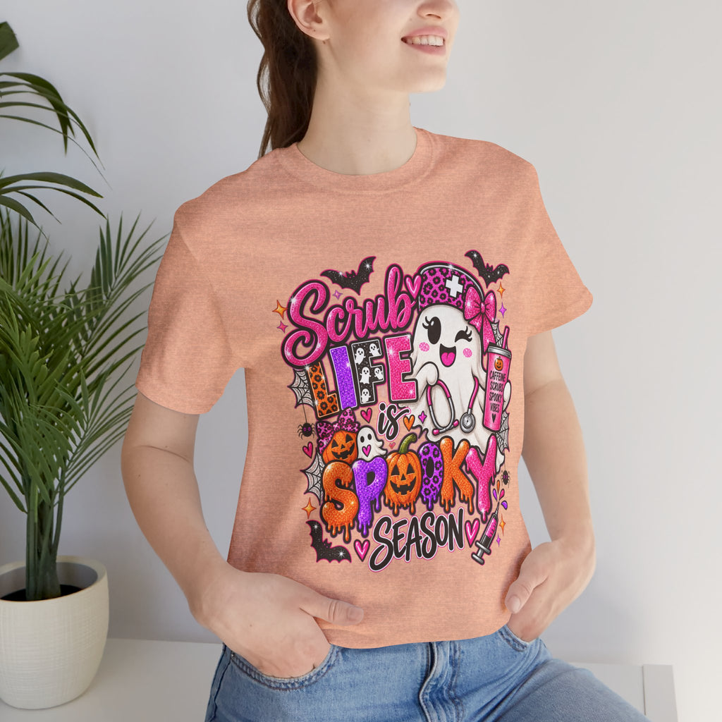 Spooky Season Scrub Life Graphic Tee — Halloween Nurse & Healthcare Cartoon Shirt