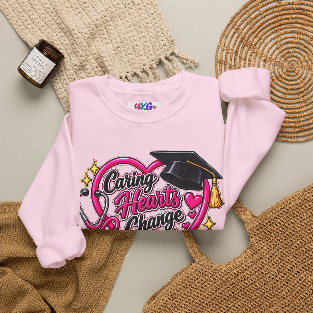 Caring Hearts Change Lives Sweatshirt — Nurse Graduation Stethoscope Crewneck