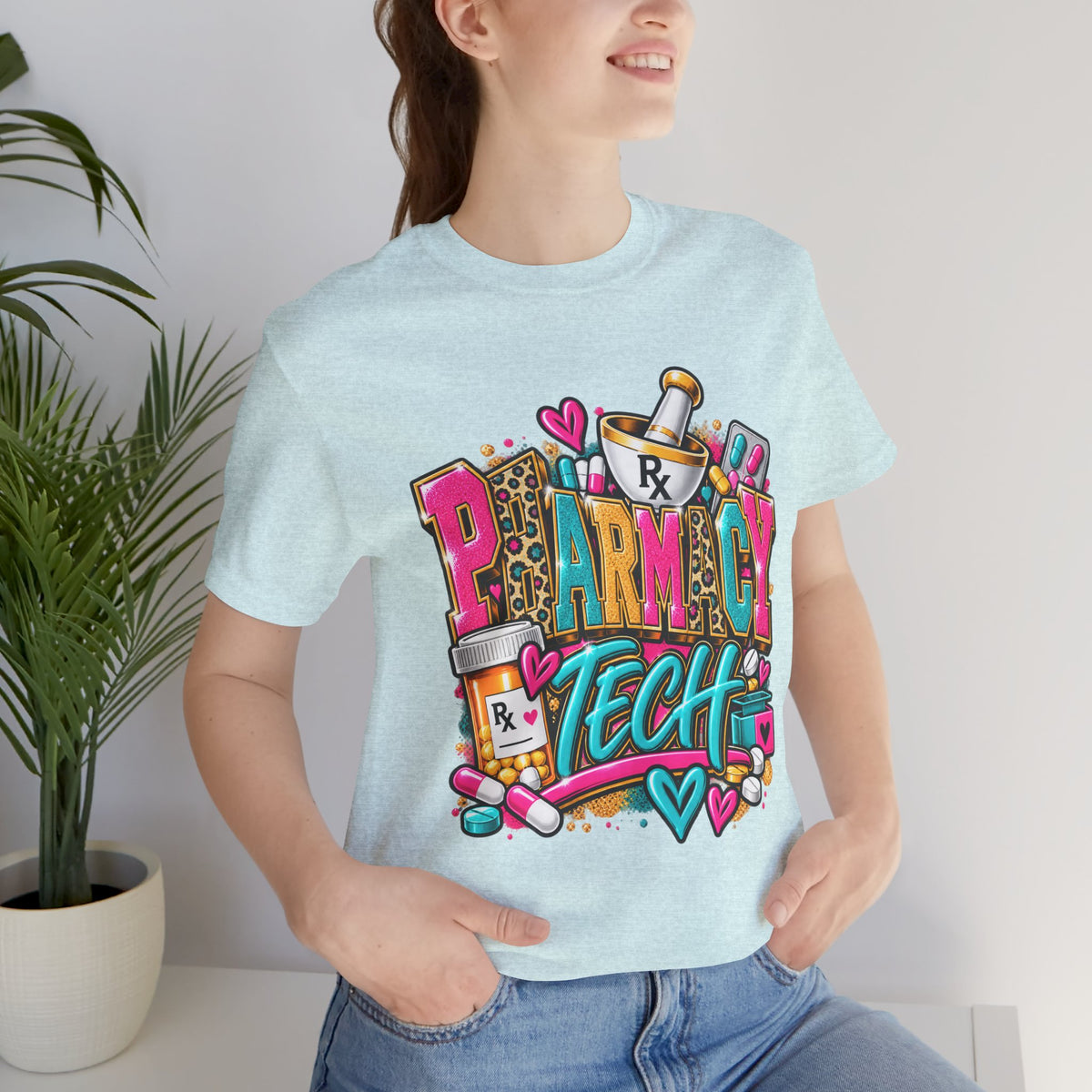Pharmacy Tech T-Shirt – Colorful Heart & Pill Graphic Tee for Pharmacy Technicians
