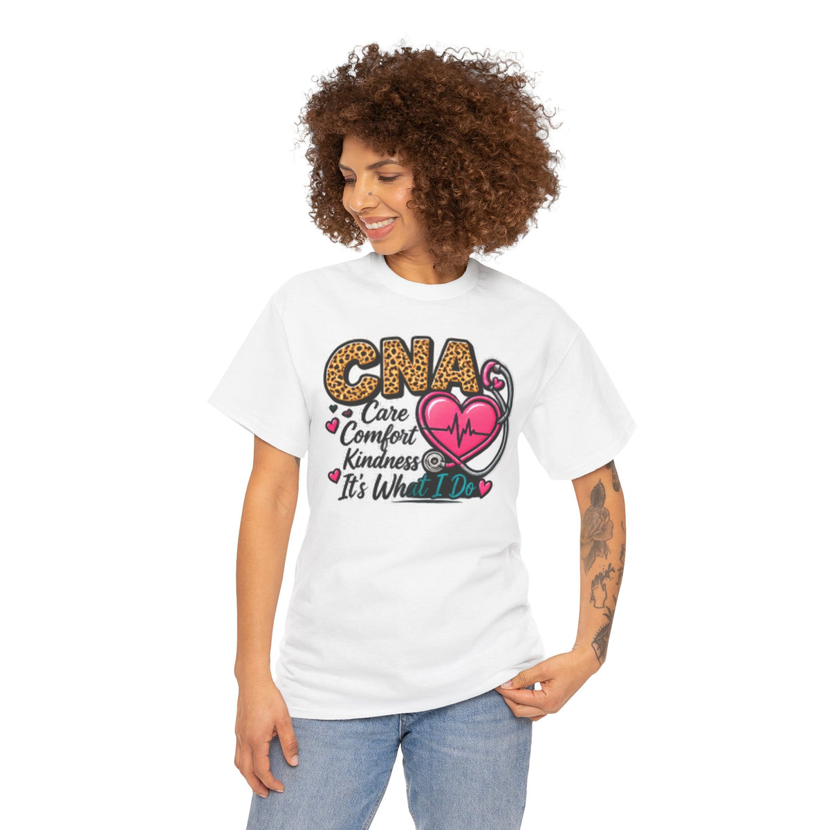 CNA Tee - "Care Comfort Kindness" Heartbeat Stethoscope Shirt for Nursing Assistants
