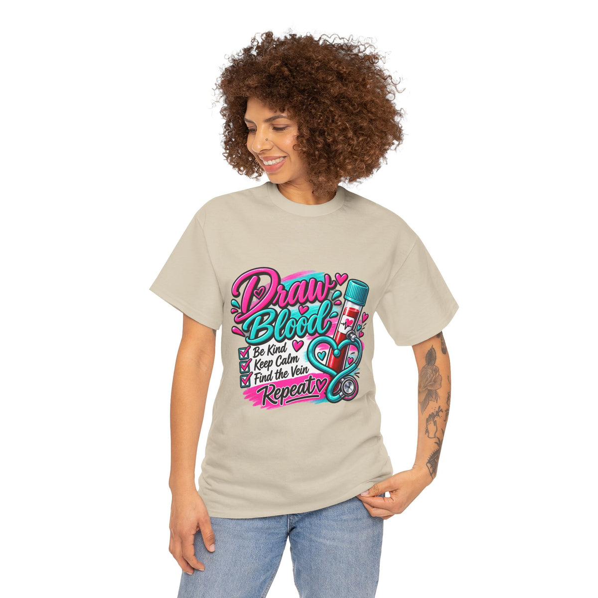 Draw Blood Nurse T-Shirt — Cute Medical Phlebotomy Tee (“Draw Blood: Be Kind, Keep Calm, Find the Vein, Repeat”)