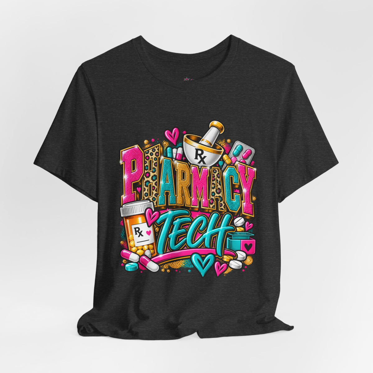Pharmacy Tech T-Shirt – Colorful Heart & Pill Graphic Tee for Pharmacy Technicians