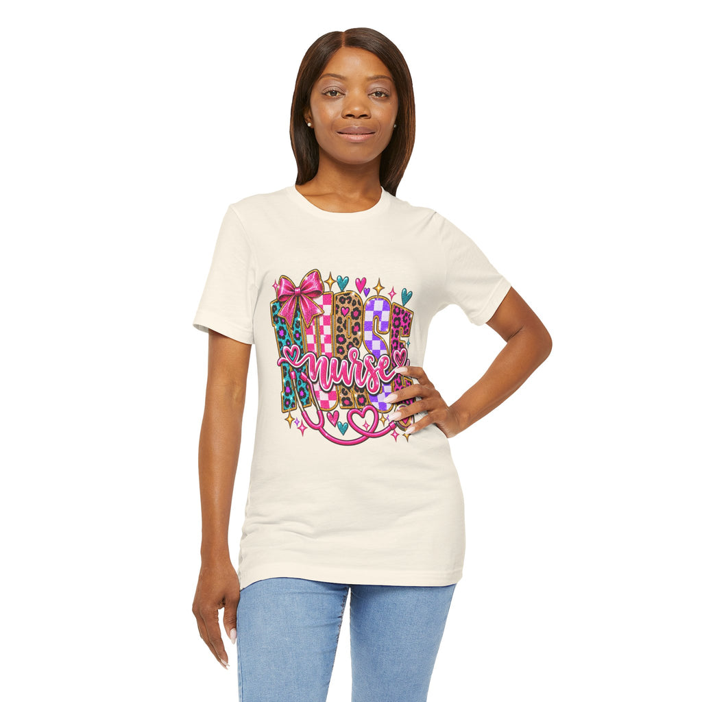 Nurse Graphic Tee — Colorful Leopard Scrub Letters with Hearts & Bow