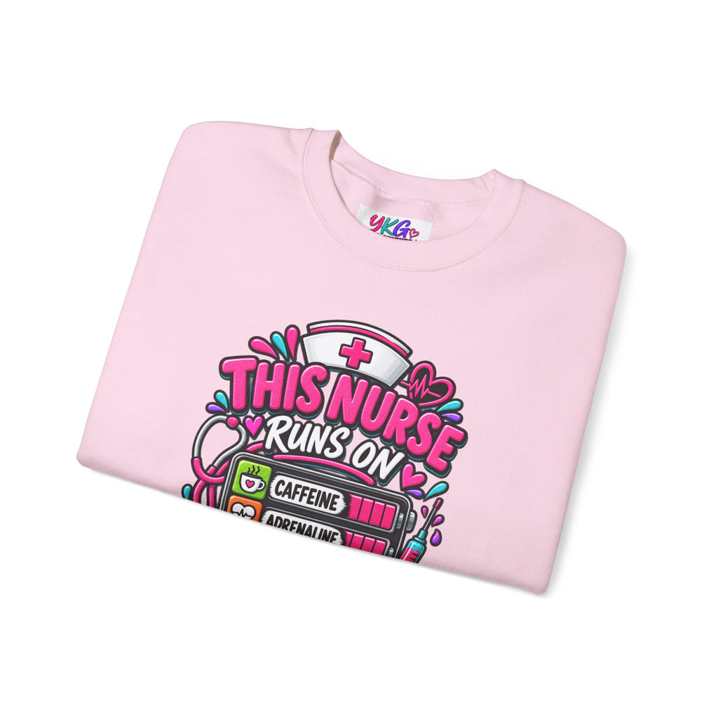 Nurse Crewneck Sweatshirt — "This Nurse Runs on Caffeine, Compassion & Cuss Words" Embroidered