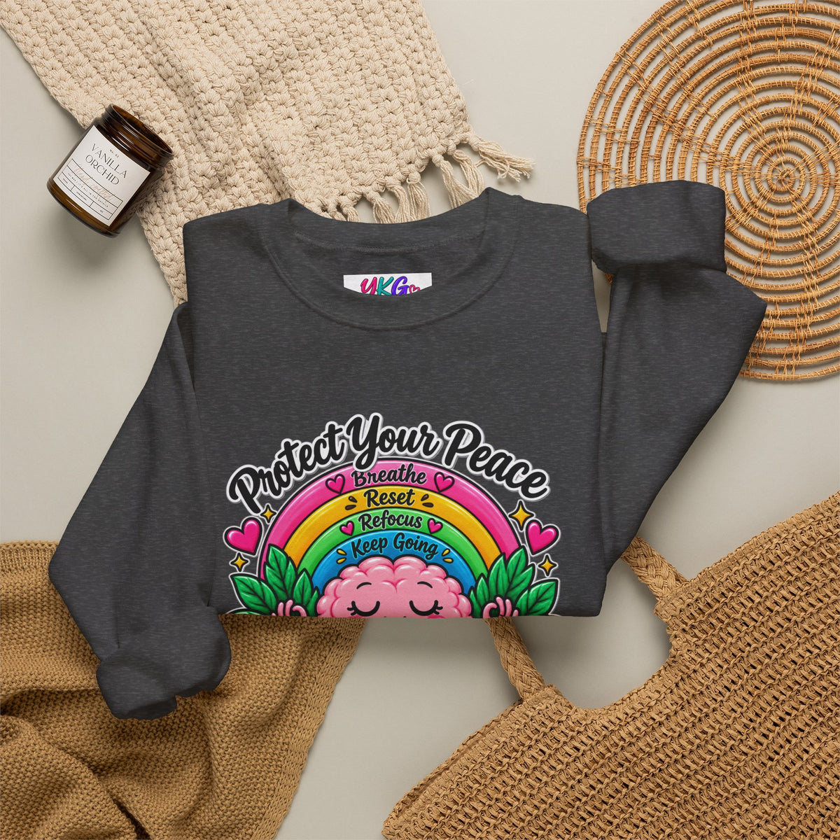 Protect Your Peace Crewneck Sweatshirt — Mental Health Matters Rainbow Brain
