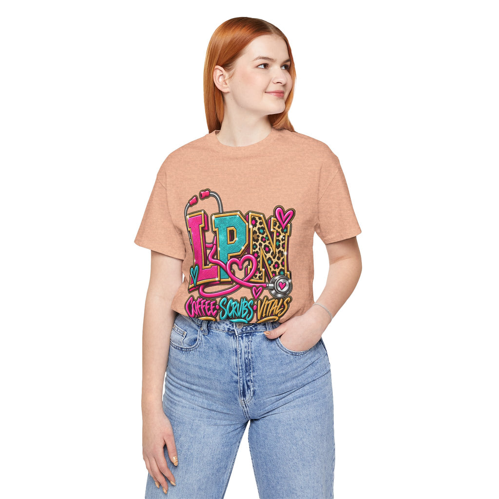 LPN Tee — “Coffee, Scrubs, Vitals” Colorful Stethoscope Design