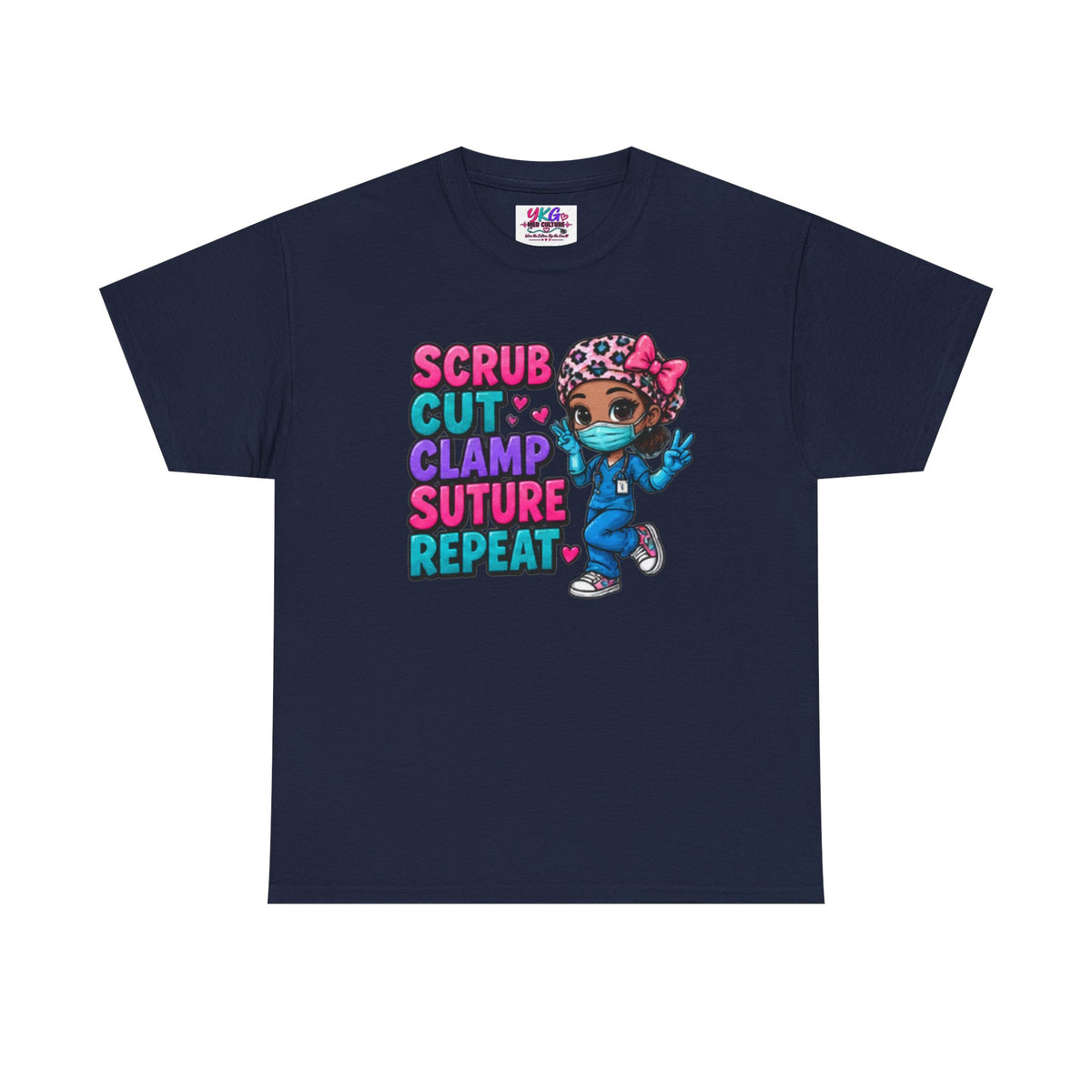 Surgical Nurse Tee — "Scrub Cut Clamp Suture Repeat" Cute Cartoon Design