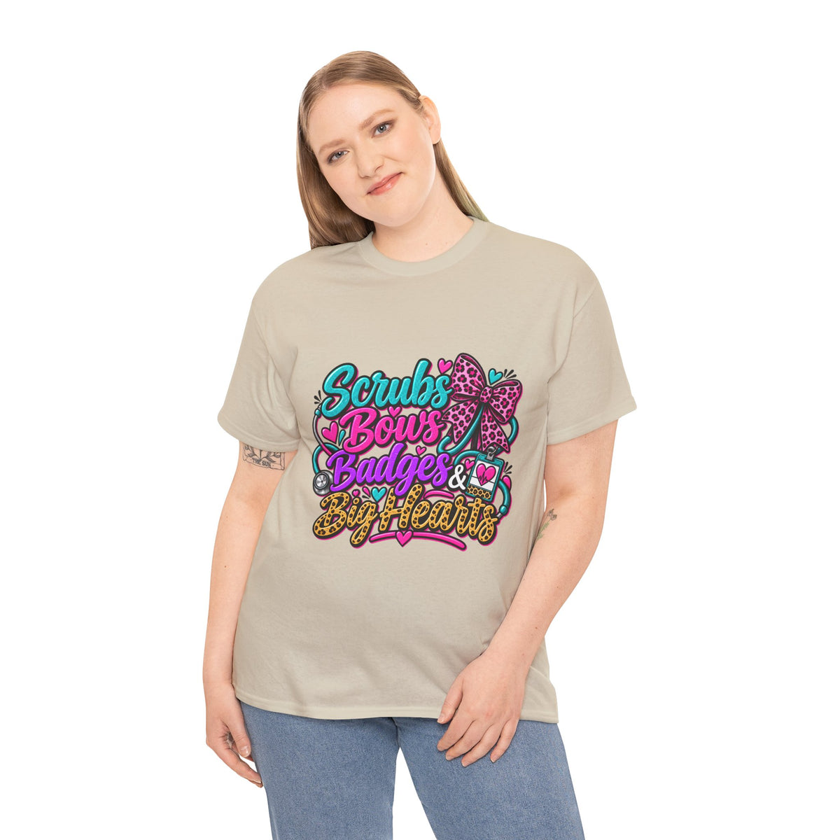 T-Shirt — "Scrubs Bows Badges & Big Heart" Nurse Graphic Tee
