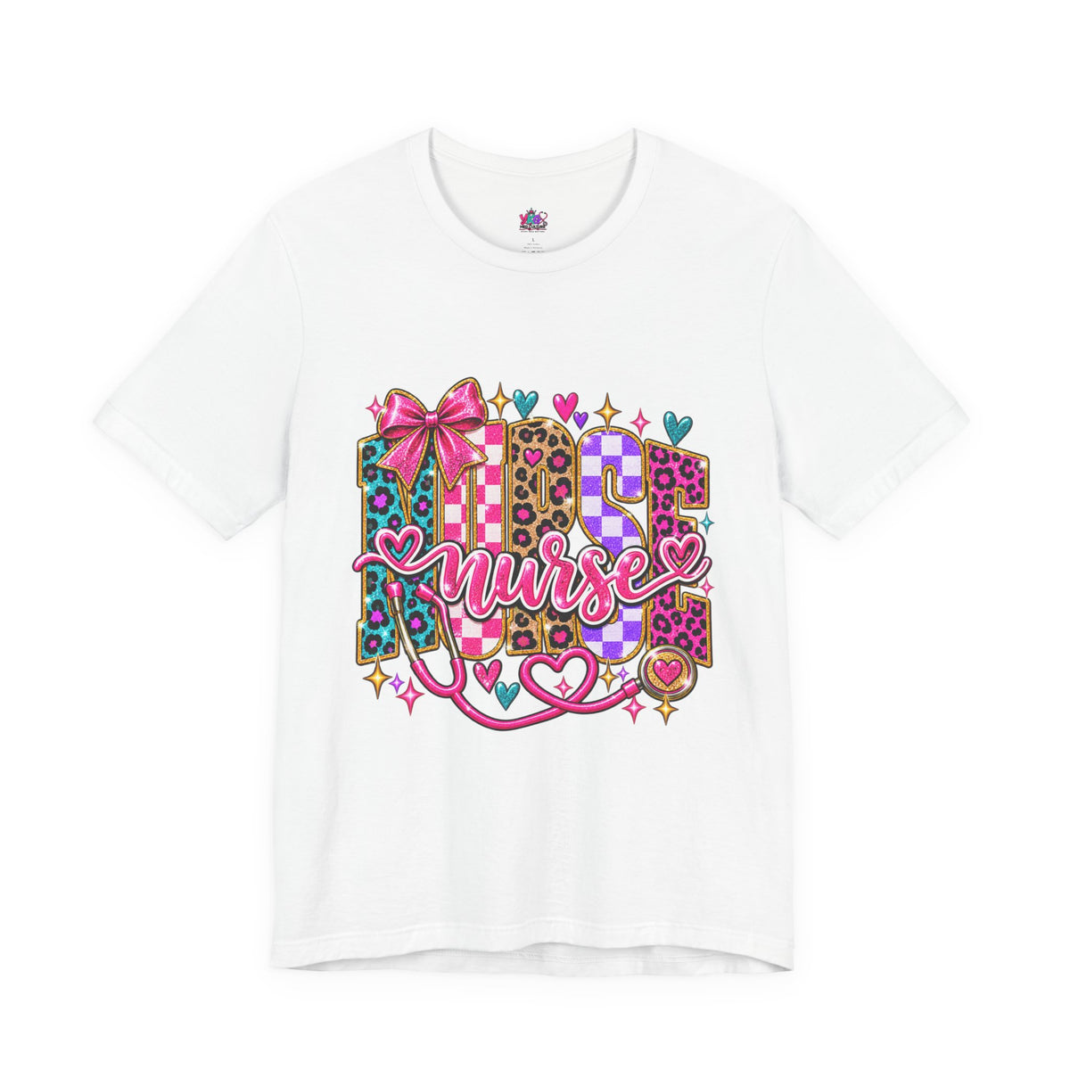 Nurse Graphic Tee — Colorful Leopard Scrub Letters with Hearts & Bow