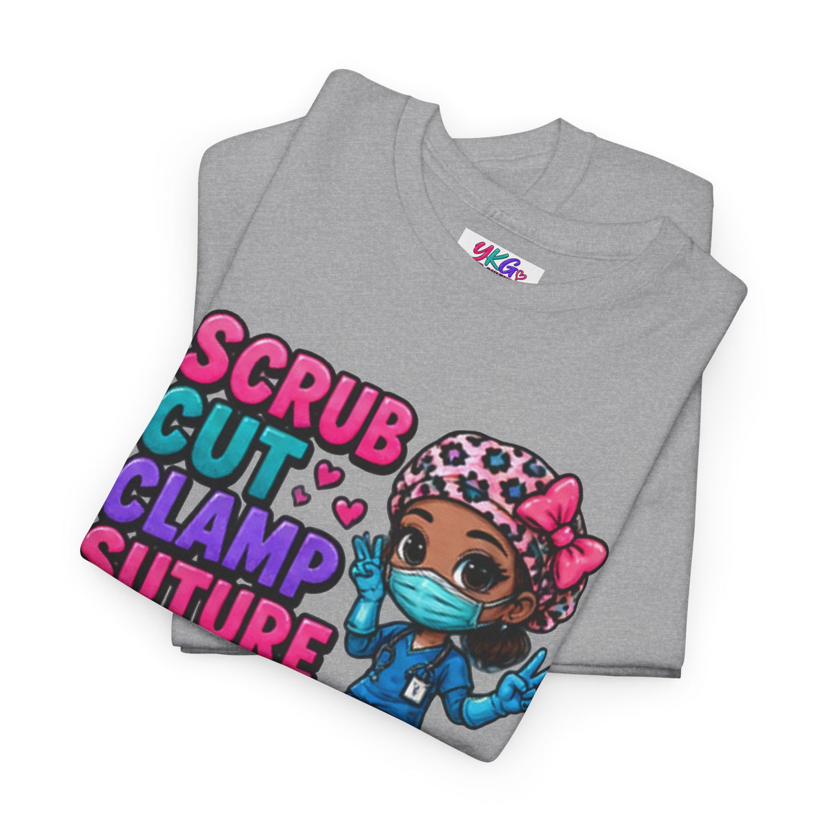 Surgical Nurse Tee — "Scrub Cut Clamp Suture Repeat" Cute Cartoon Design