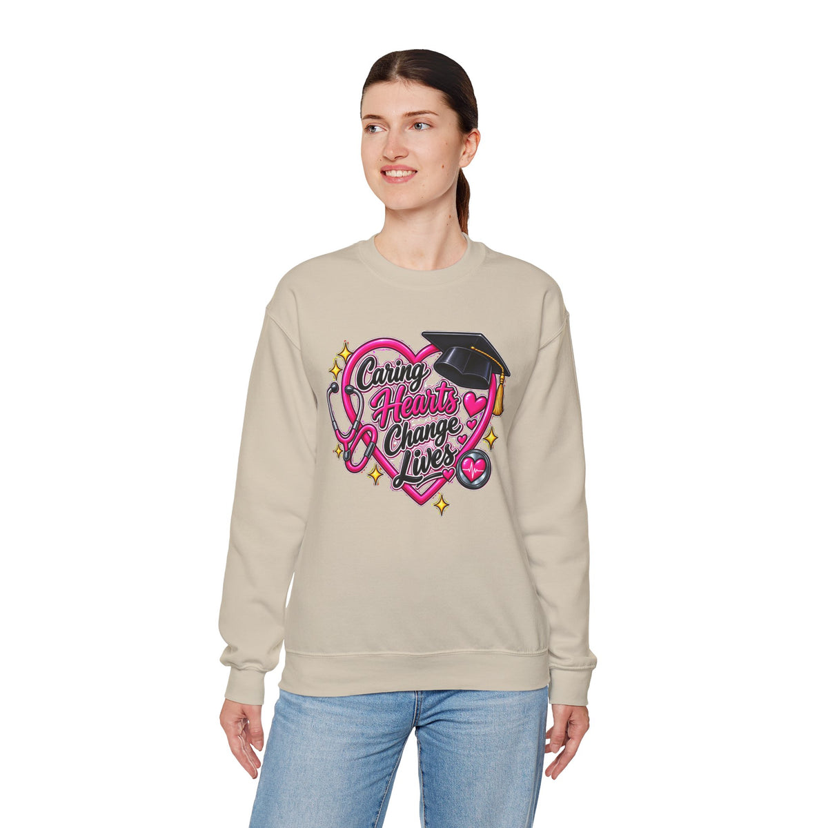 Caring Hearts Change Lives Sweatshirt — Nurse Graduation Stethoscope Crewneck