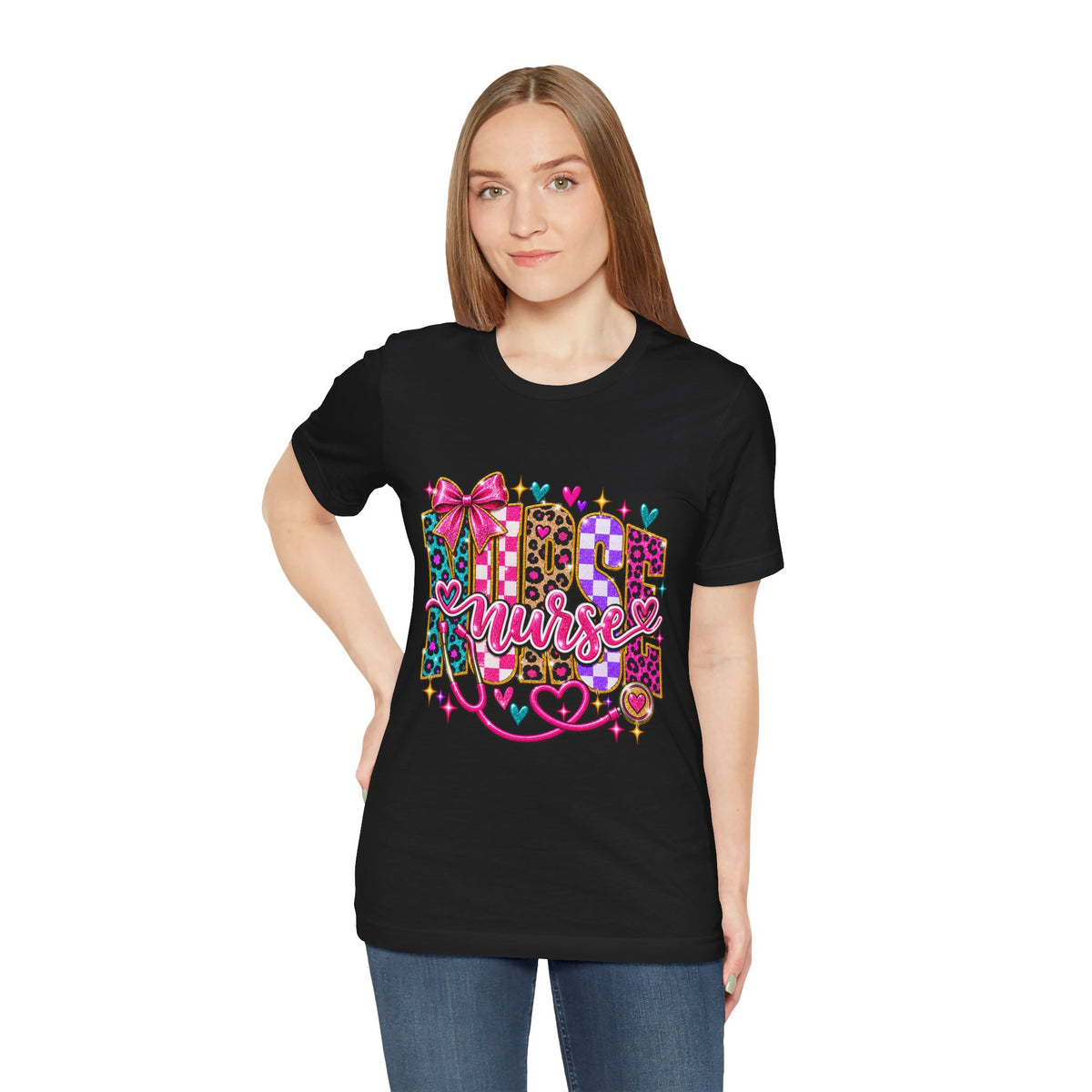 Nurse Graphic Tee — Colorful Leopard Scrub Letters with Hearts & Bow
