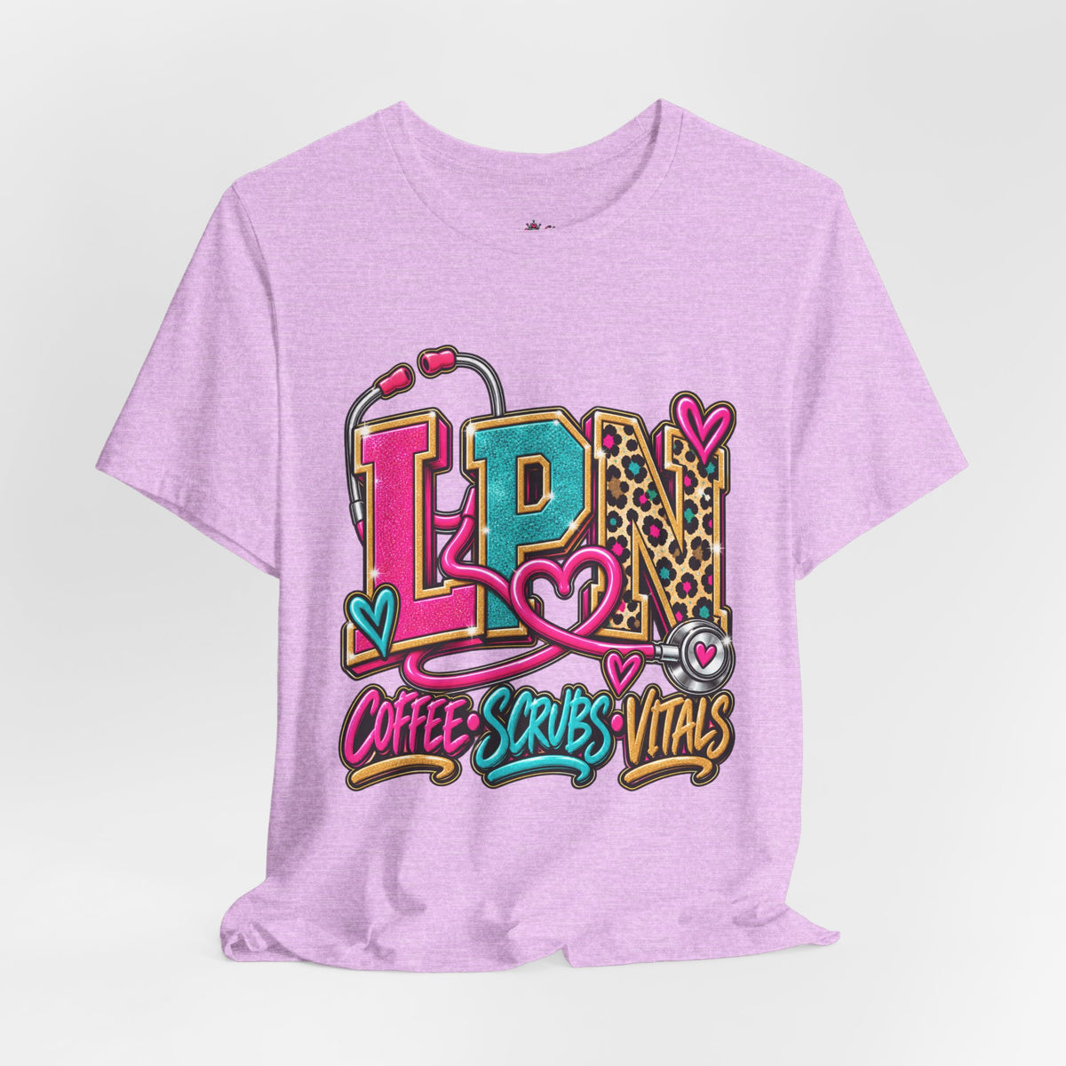 LPN Tee — “Coffee, Scrubs, Vitals” Colorful Stethoscope Design
