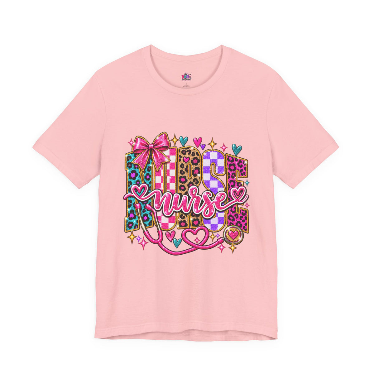 Nurse Graphic Tee — Colorful Leopard Scrub Letters with Hearts & Bow