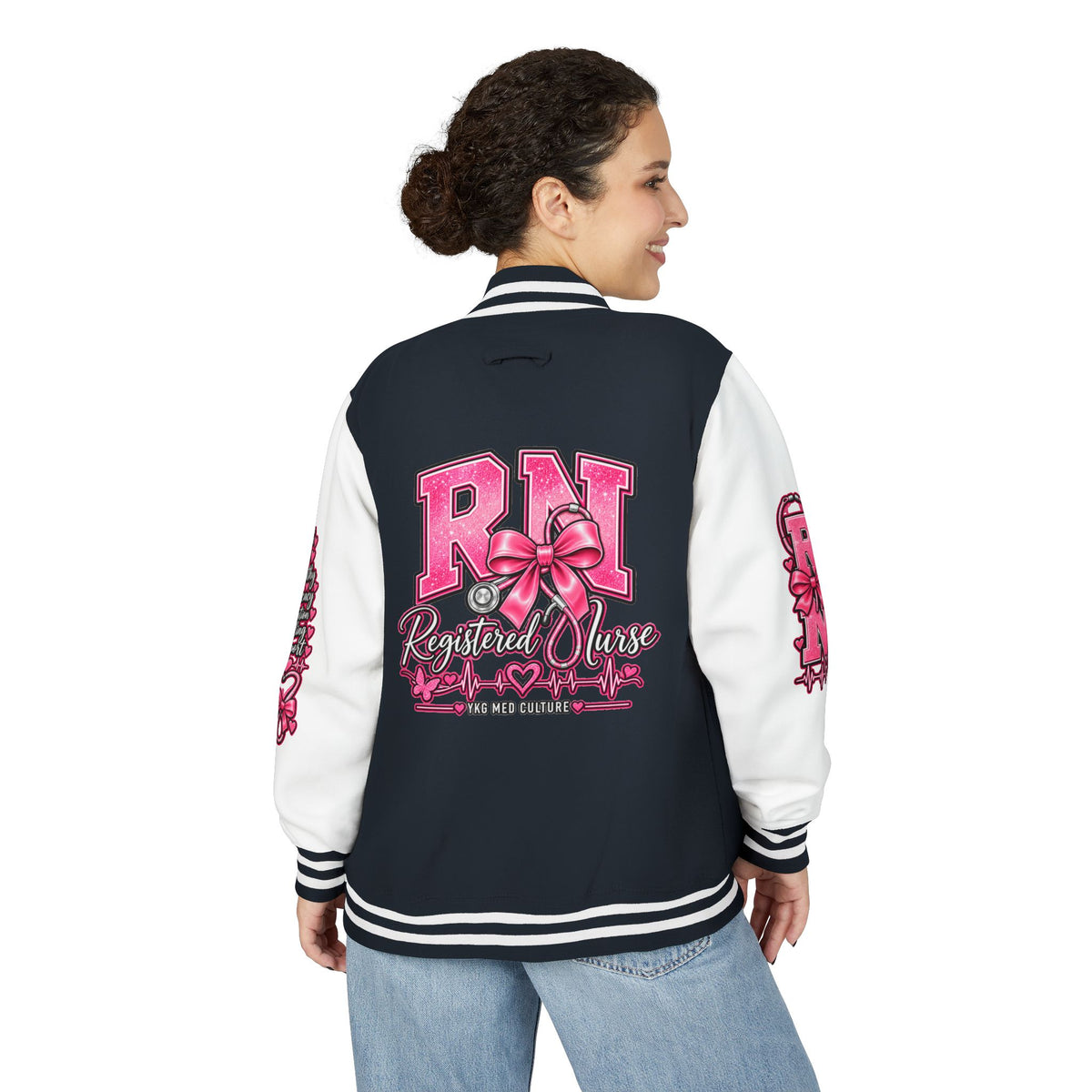 RN Registered Nurse Letterman Jacket — Pink Bow Varsity Jacket for Nurses