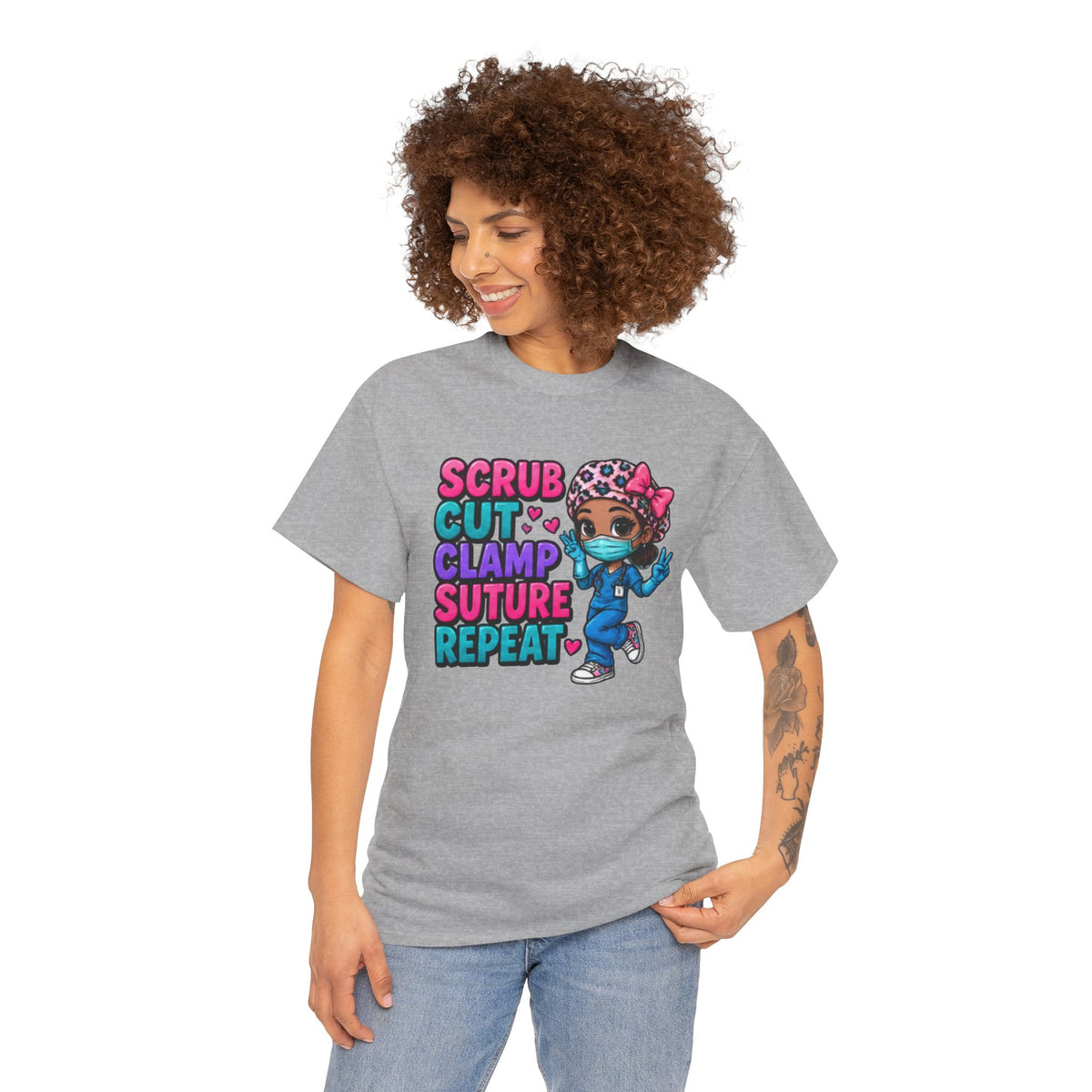 Surgical Nurse Tee — "Scrub Cut Clamp Suture Repeat" Cute Cartoon Design