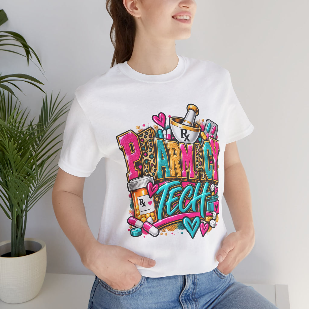 Pharmacy Tech T-Shirt – Colorful Heart & Pill Graphic Tee for Pharmacy Technicians