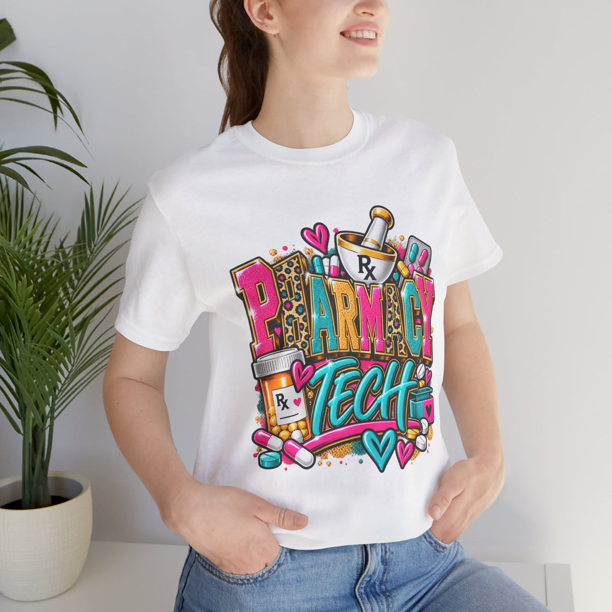 Pharmacy Tech T-Shirt – Colorful Heart & Pill Graphic Tee for Pharmacy Technicians