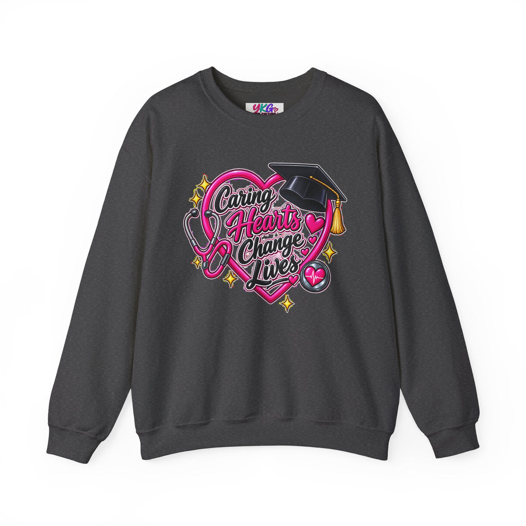 Caring Hearts Change Lives Sweatshirt — Nurse Graduation Stethoscope Crewneck