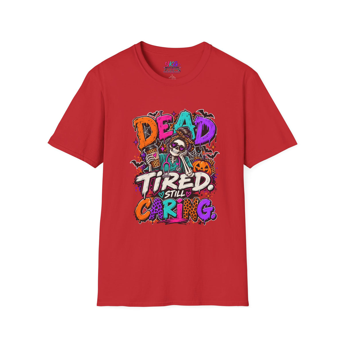 Dead Tired Still Caring Graphic T-Shirt — Funny Gothic Skull Tee