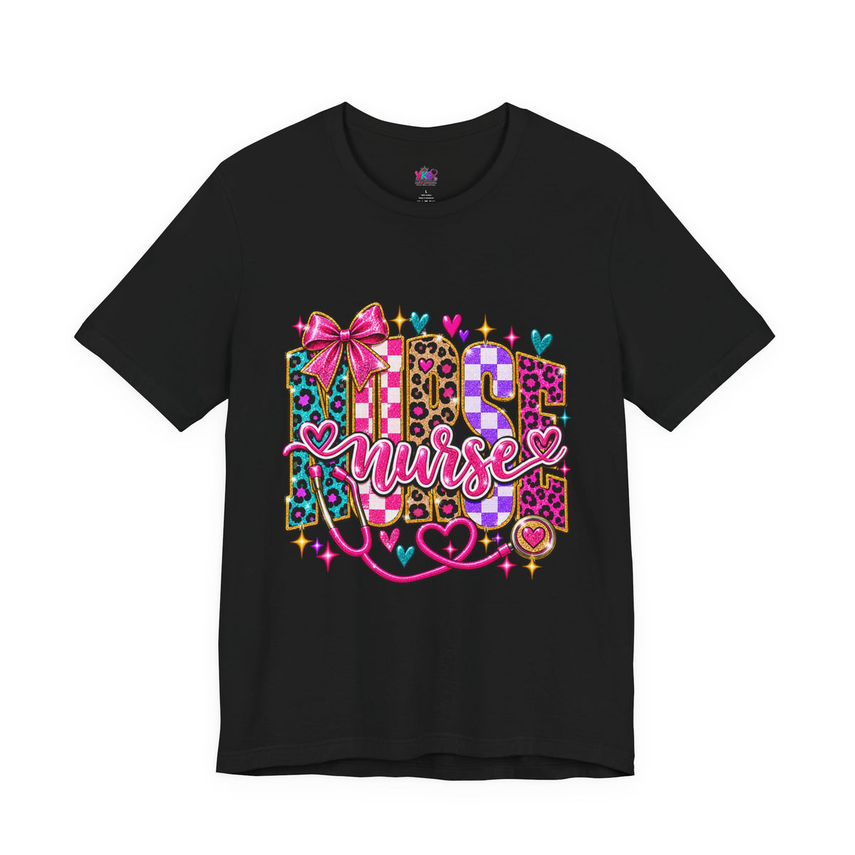 Nurse Graphic Tee — Colorful Leopard Scrub Letters with Hearts & Bow