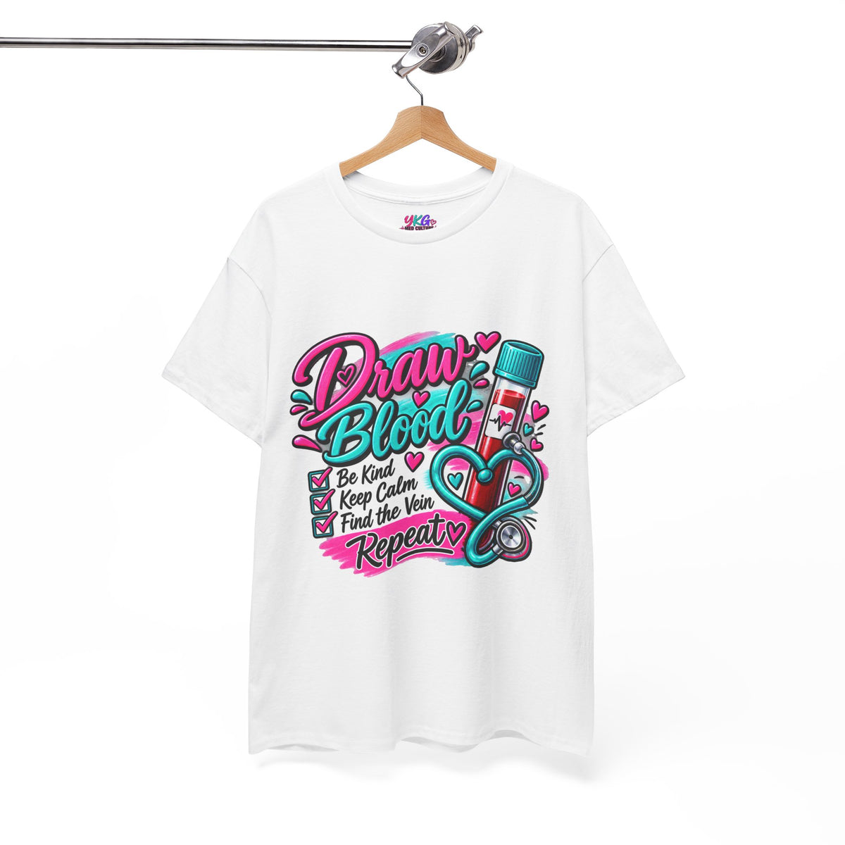 Draw Blood Nurse T-Shirt — Cute Medical Phlebotomy Tee (“Draw Blood: Be Kind, Keep Calm, Find the Vein, Repeat”)