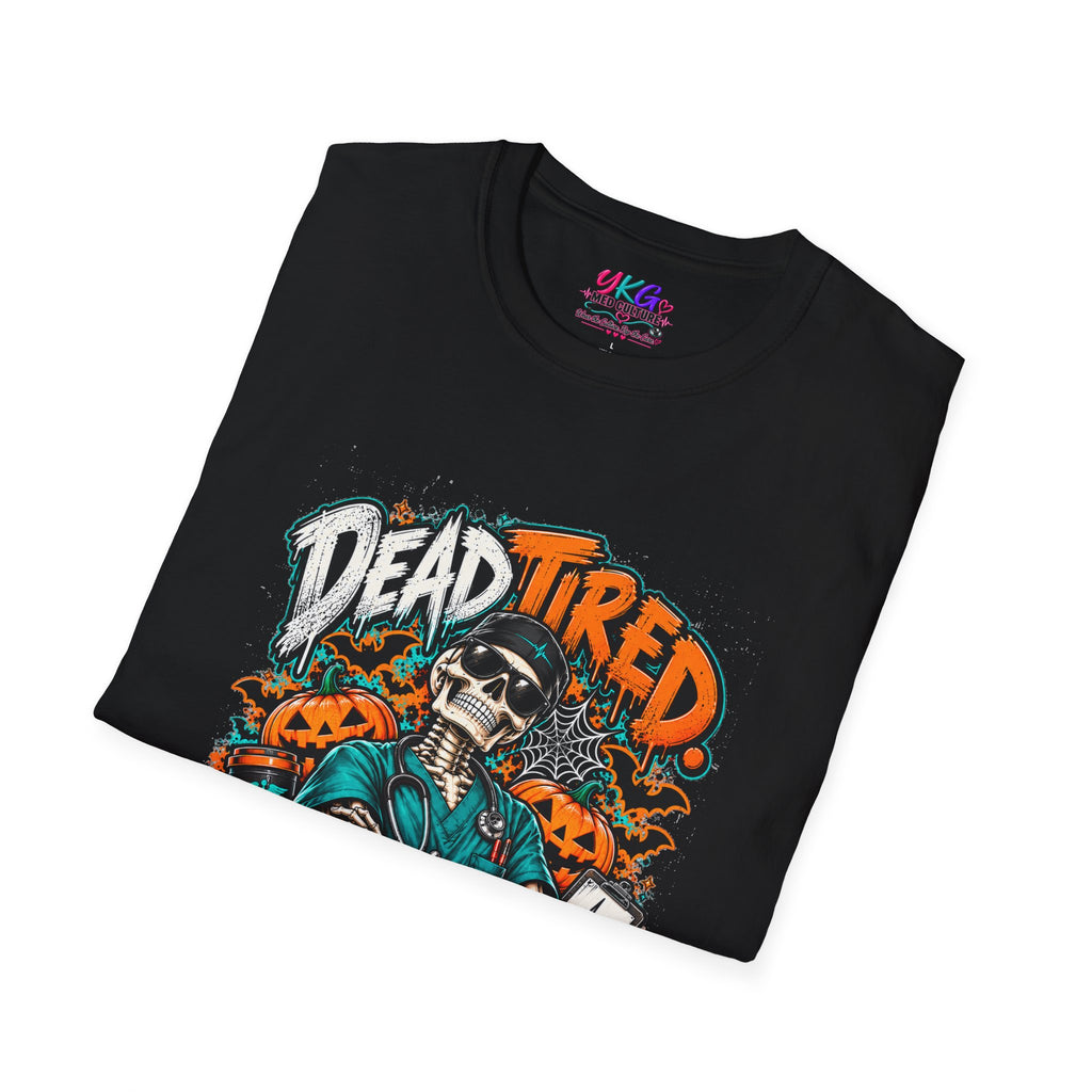 Dead Tired Still Caring T-Shirt — Skull Graphic Tee for Nurses & Caregivers