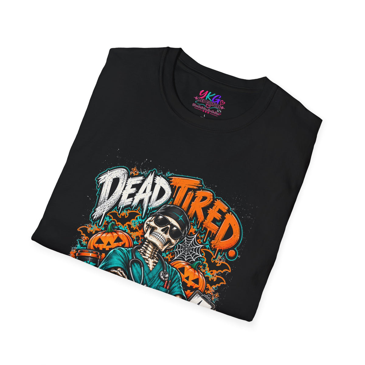 Dead Tired Still Caring T-Shirt — Skull Graphic Tee for Nurses & Caregivers