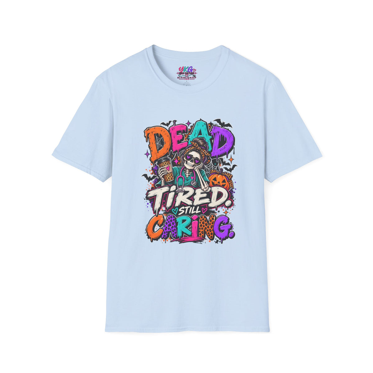Dead Tired Still Caring Graphic T-Shirt — Funny Gothic Skull Tee