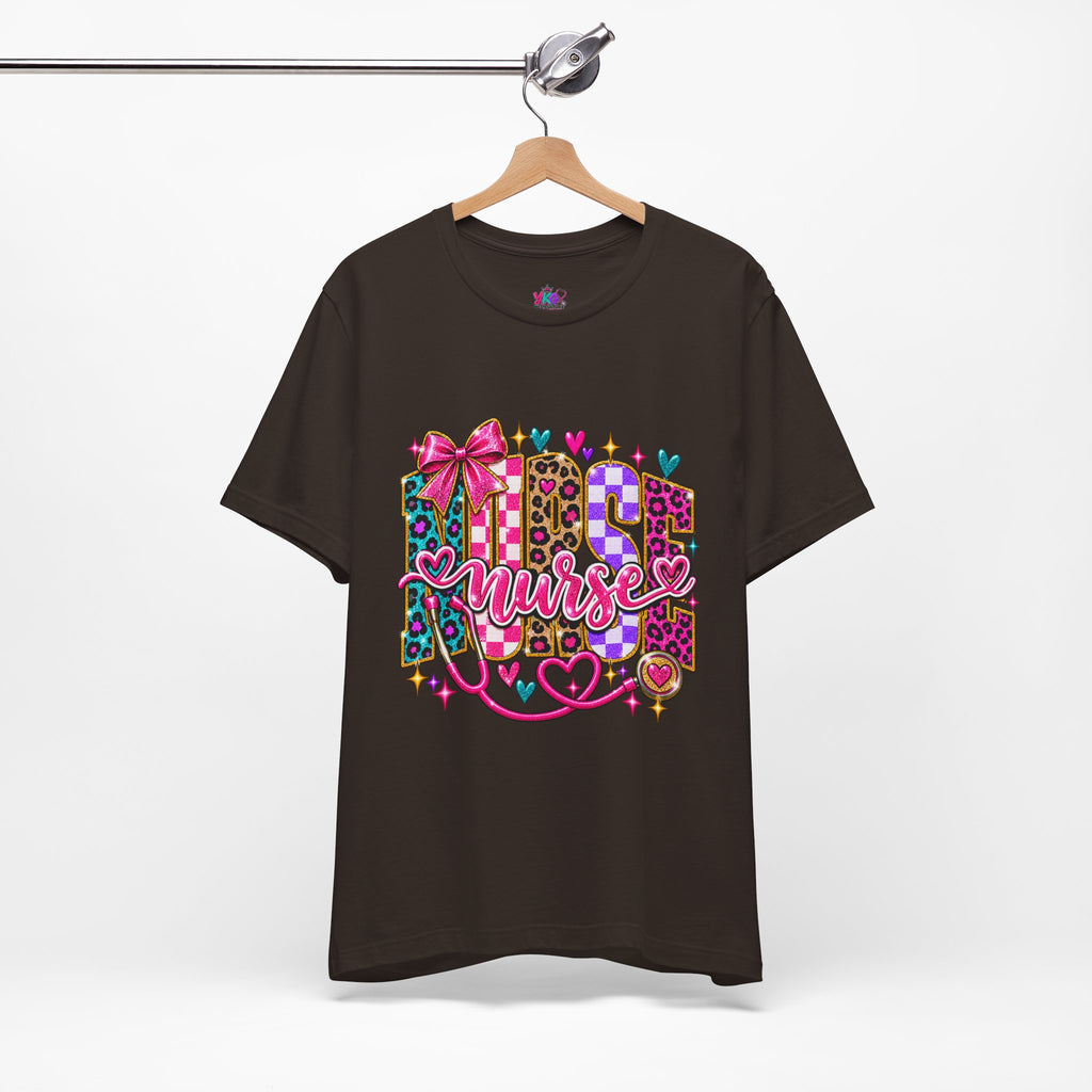 Nurse Graphic Tee — Colorful Leopard Scrub Letters with Hearts & Bow