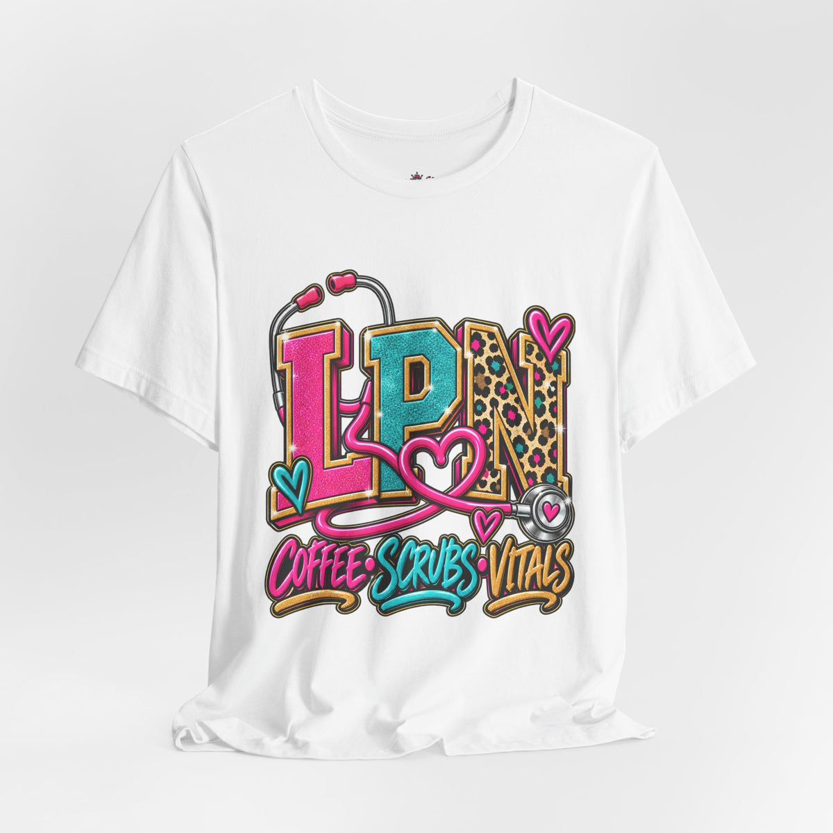 LPN Tee — “Coffee, Scrubs, Vitals” Colorful Stethoscope Design