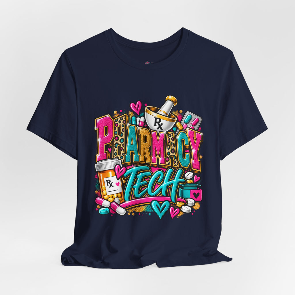 Pharmacy Tech T-Shirt – Colorful Heart & Pill Graphic Tee for Pharmacy Technicians