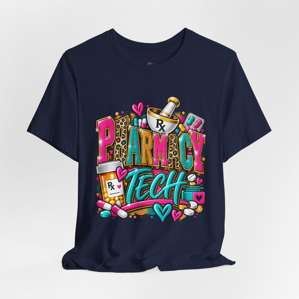 Pharmacy Tech T-Shirt – Colorful Heart & Pill Graphic Tee for Pharmacy Technicians