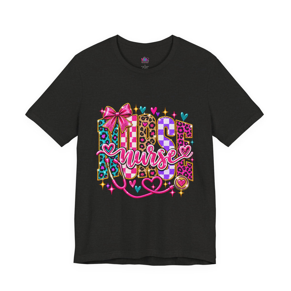 Nurse Graphic Tee — Colorful Leopard Scrub Letters with Hearts & Bow