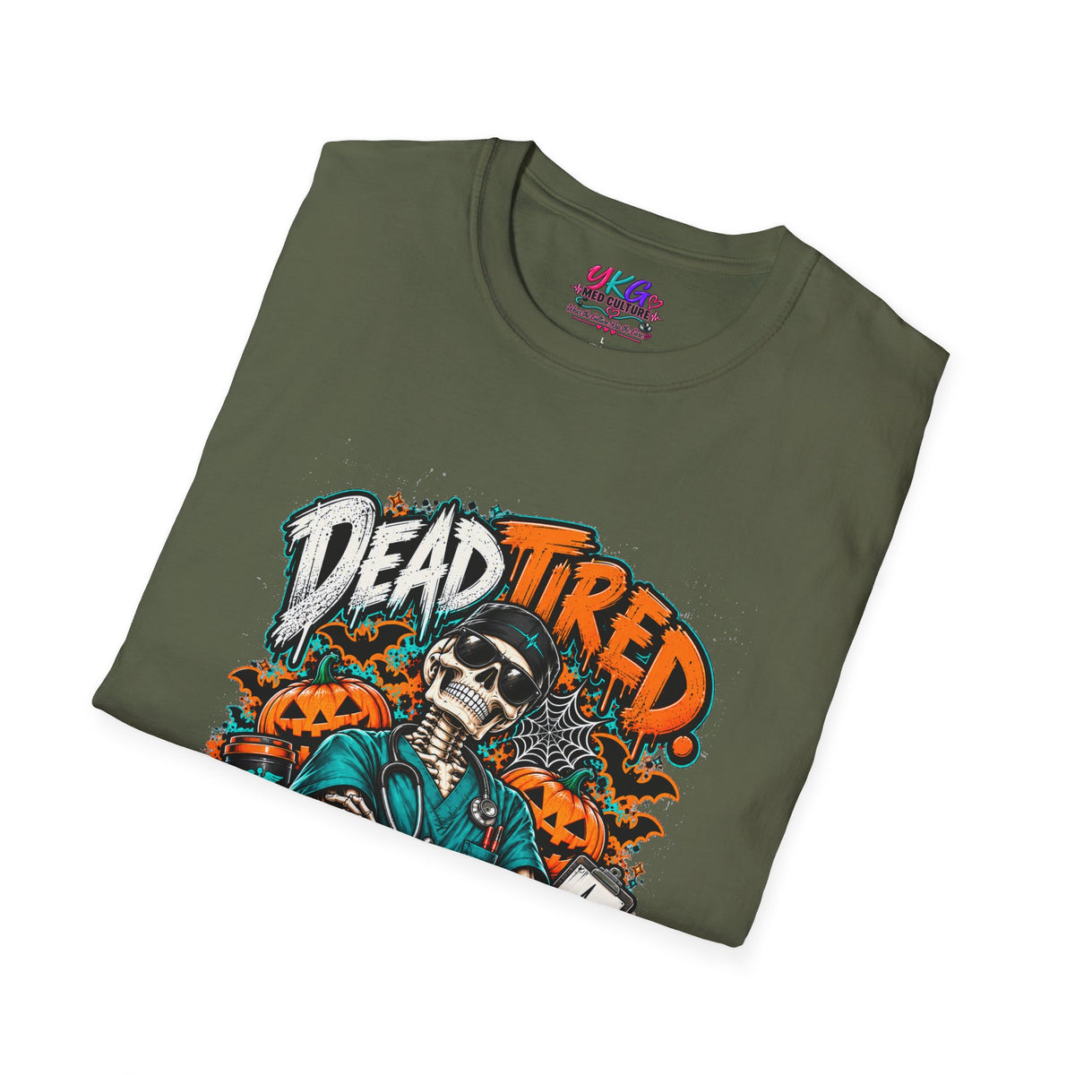 Dead Tired Still Caring T-Shirt — Skull Graphic Tee for Nurses & Caregivers